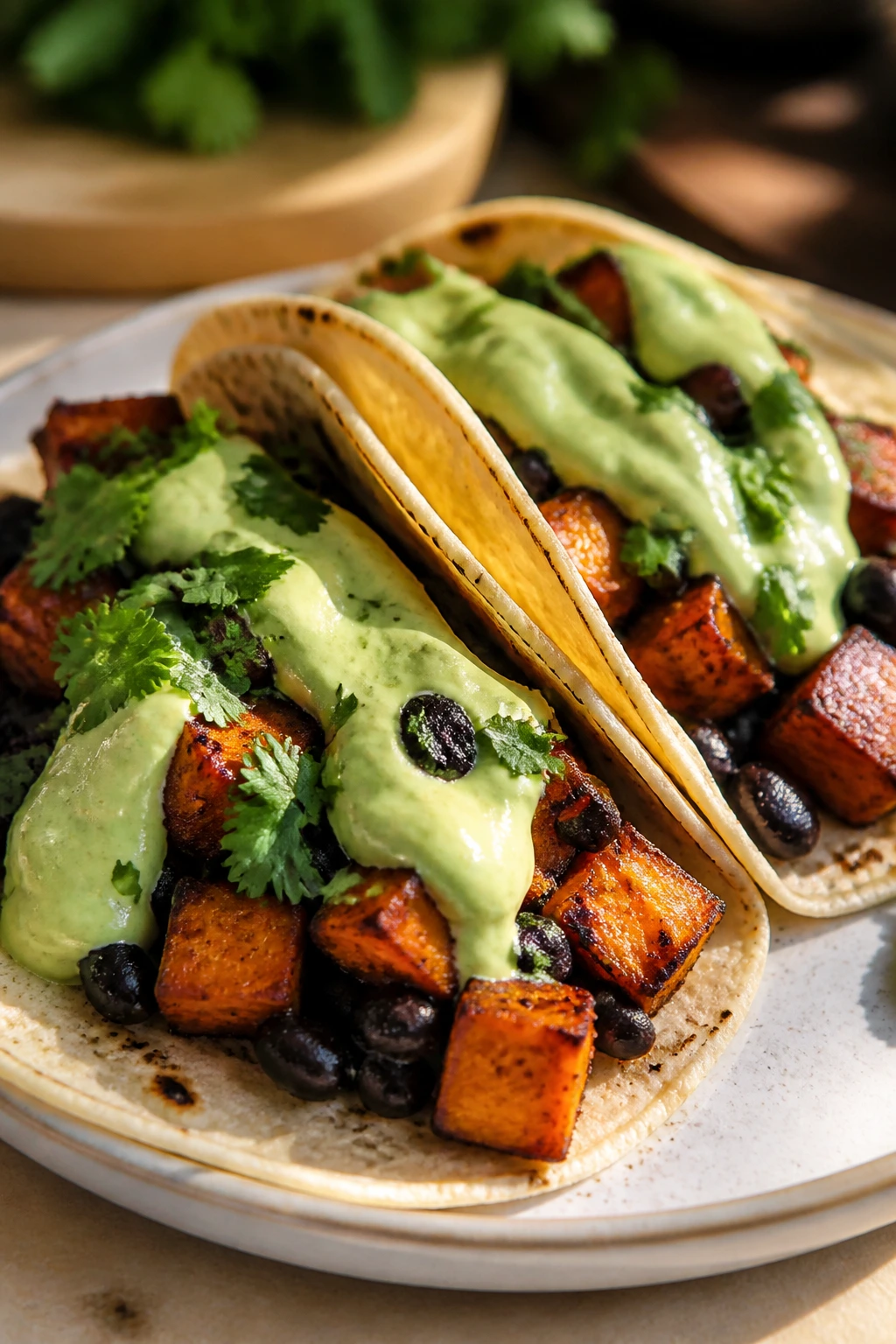 Close-up of black bean and sweet potato tacos with avocado crema in a plate.