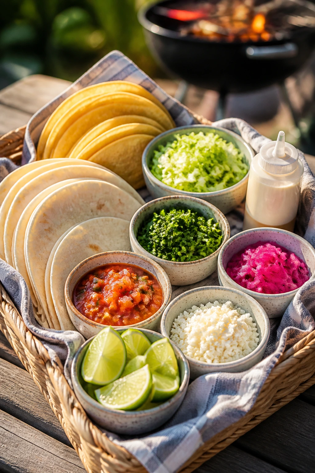Taco night basket with tortillas and toppings on a sunny outdoor table