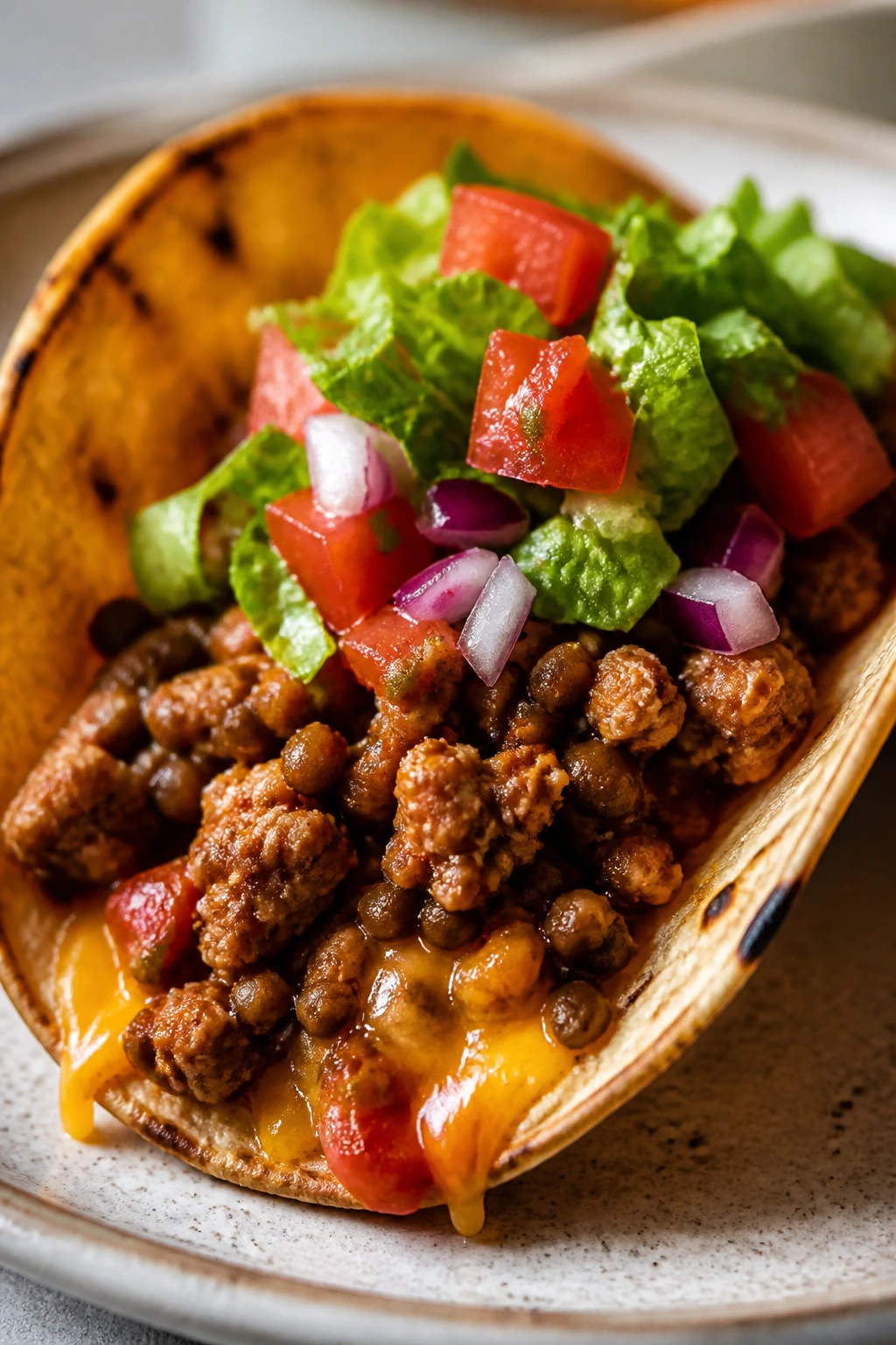 Taco filled with turkey or lentil mixture on a plate