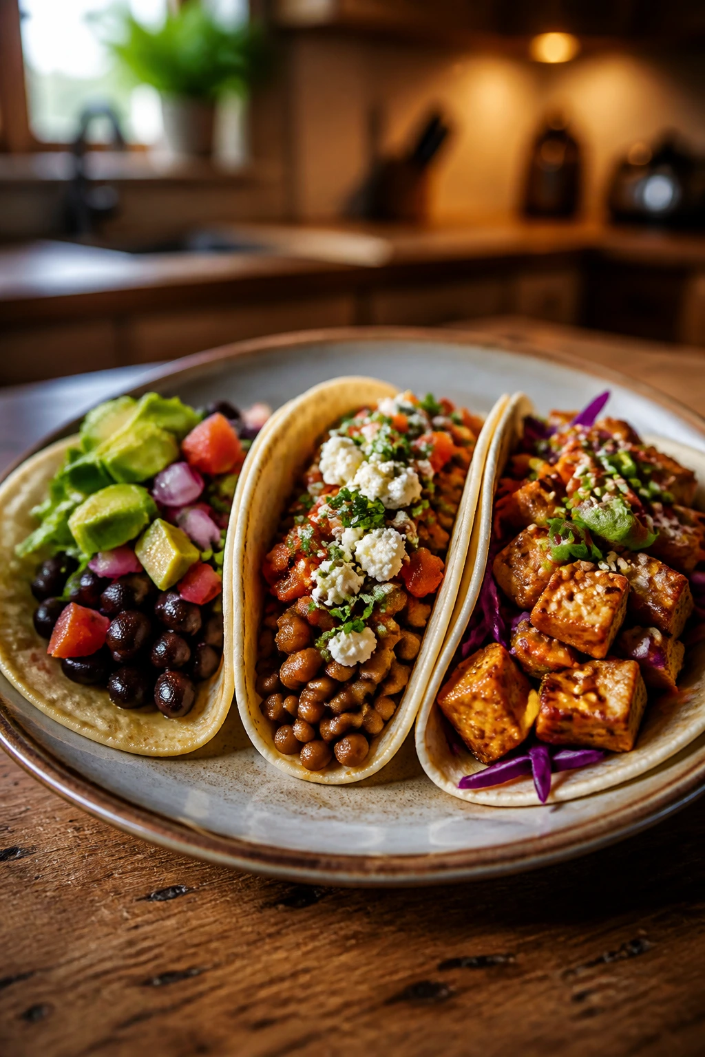 Plate with three tacos showing different fillings and toppings