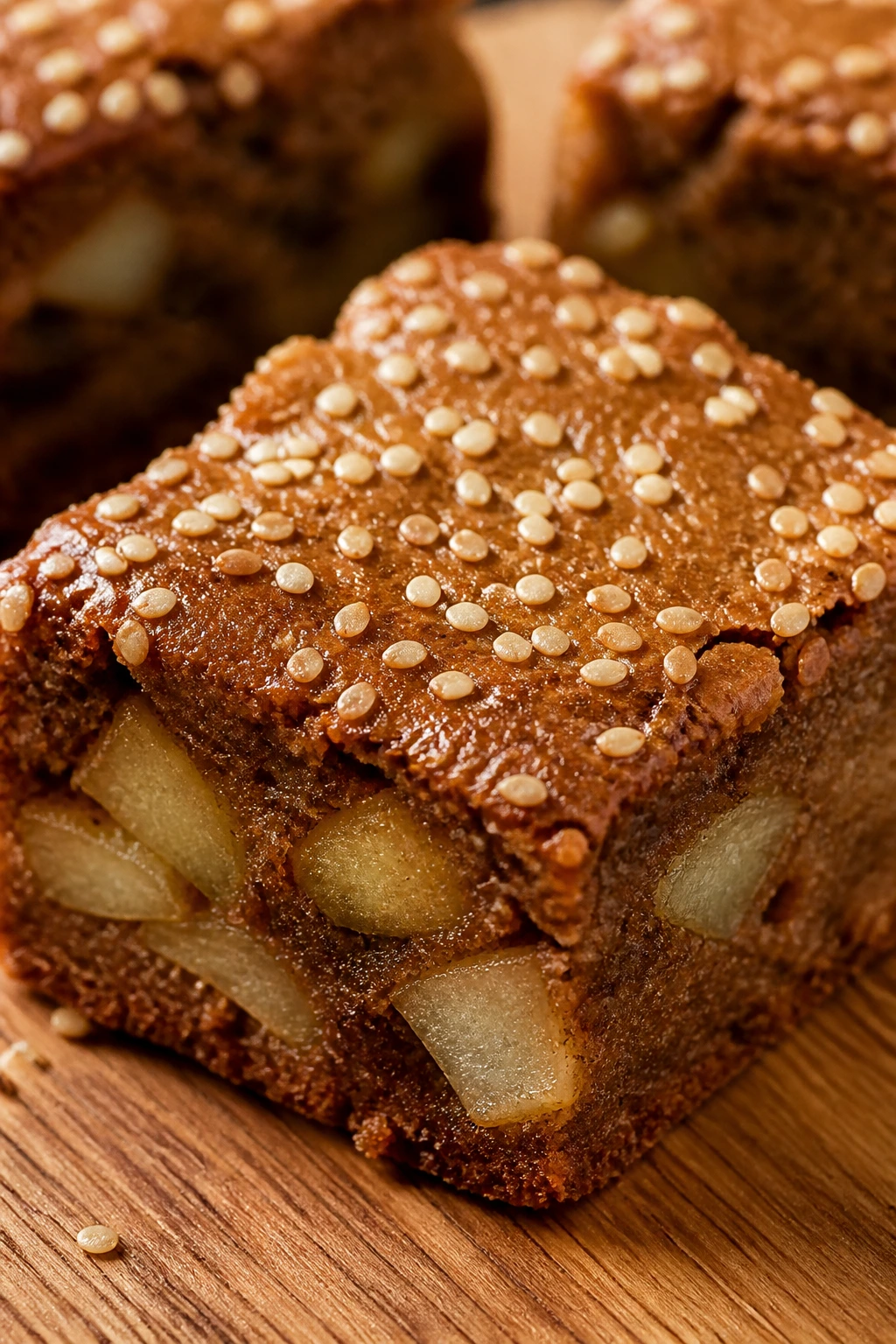 Close-up of tahini apple brownie bar with sesame seeds and apples
