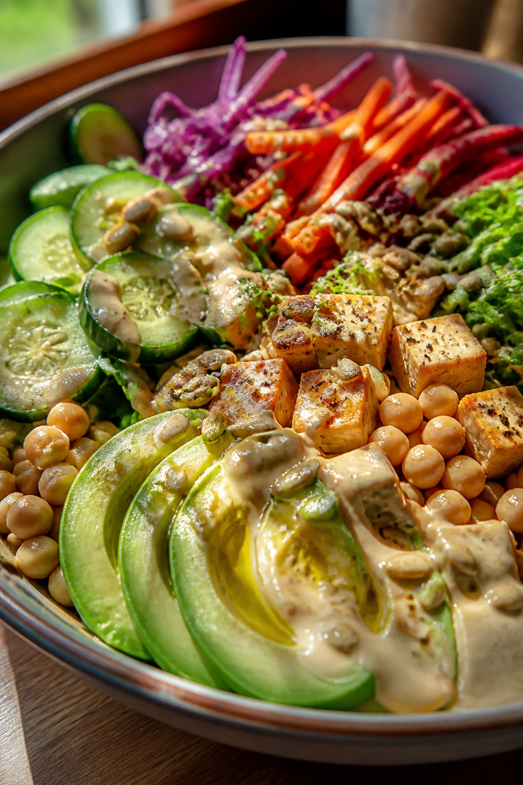 Vegetable bowl with avocado, tahini, olive oil, and seeds adding fat and protein.