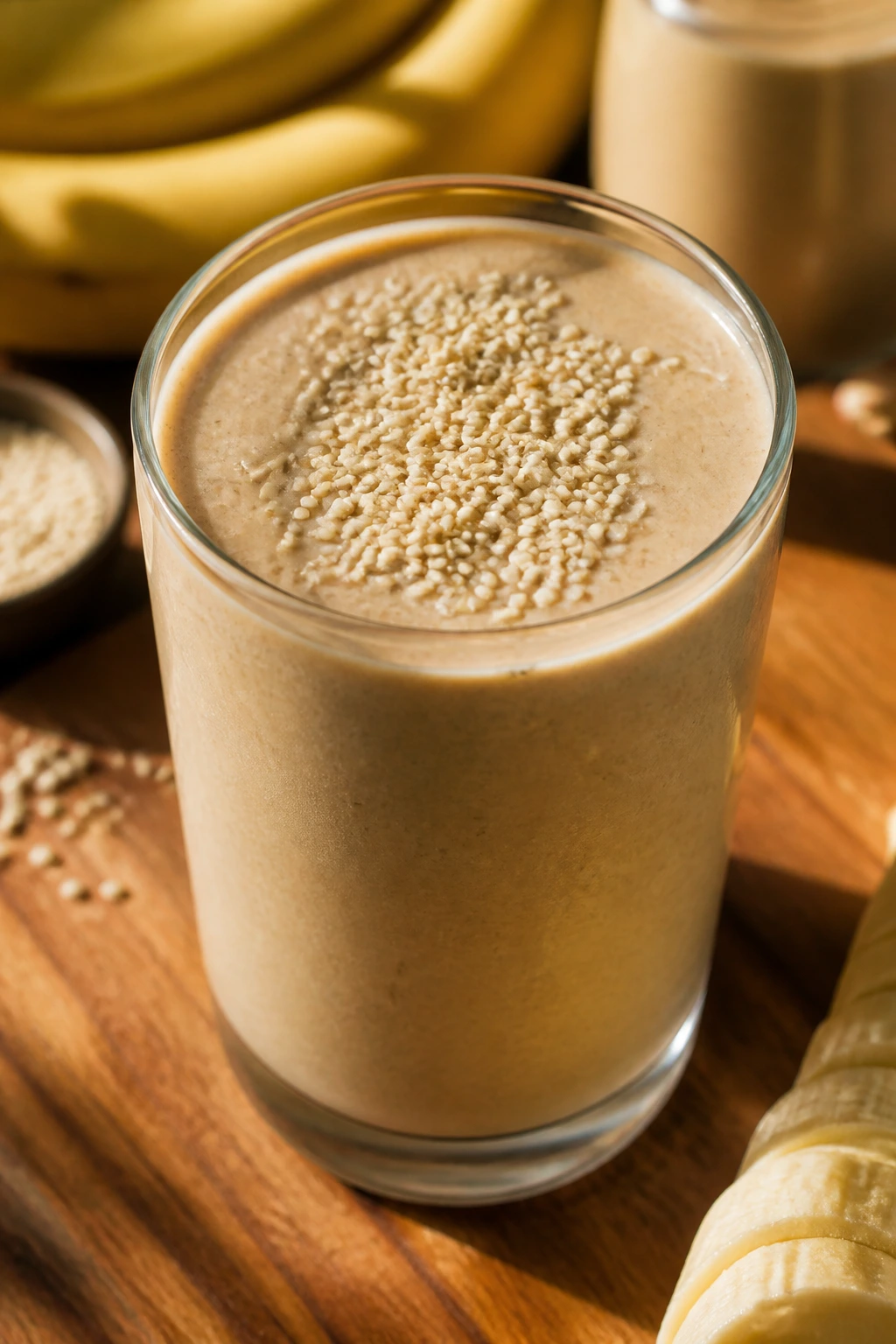 Tahini banana sesame smoothie with sesame garnish in a glass