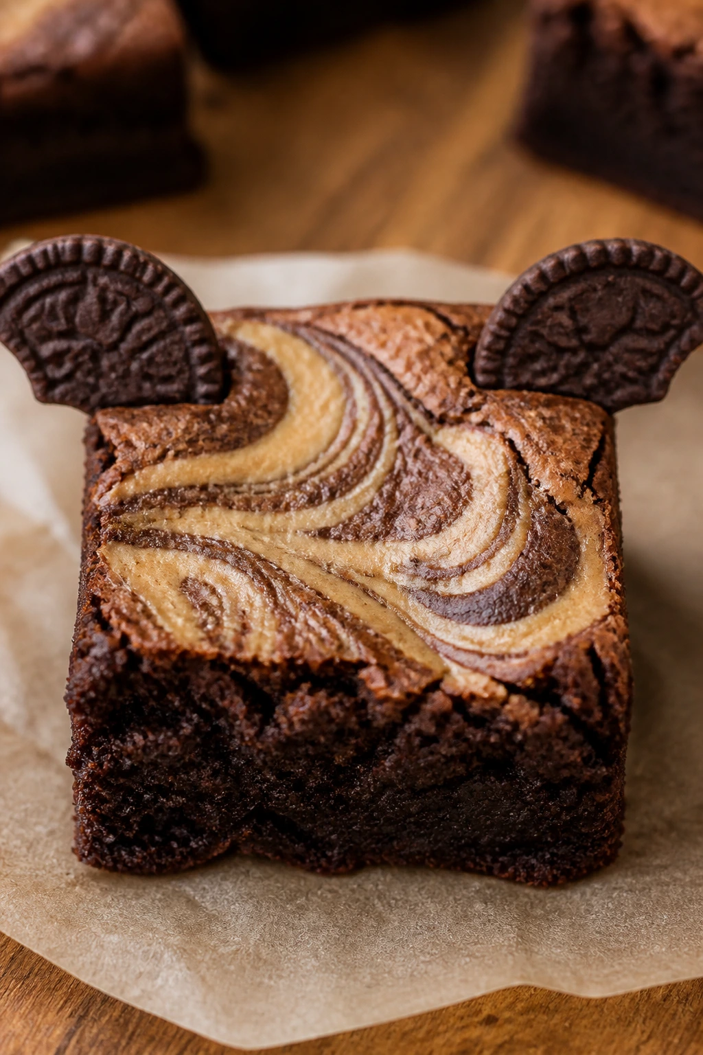 Close-up of tahini-swirl brownie with sesame swirl and cookie wings on parchment