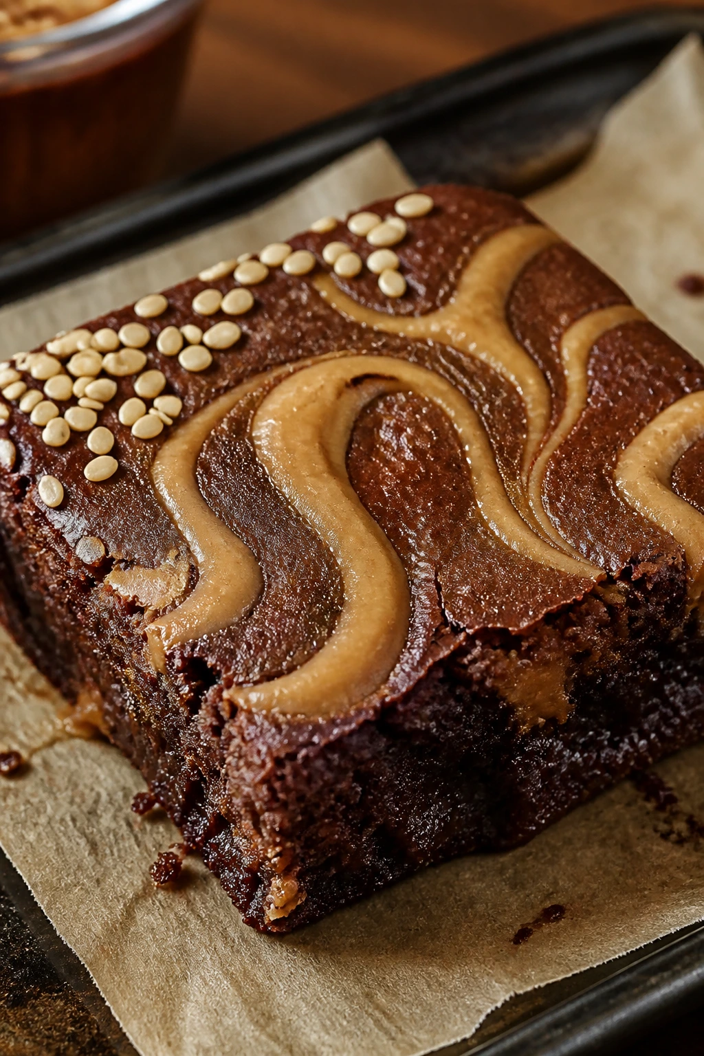 Close-up of Tahini Swirl Brownies with a sesame ribbon on top