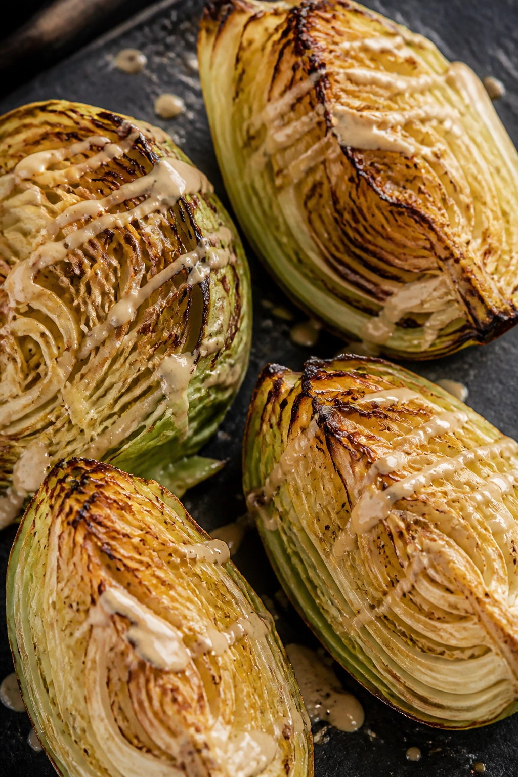 Tahini glazed cabbage wedges with brown edges on a dark surface