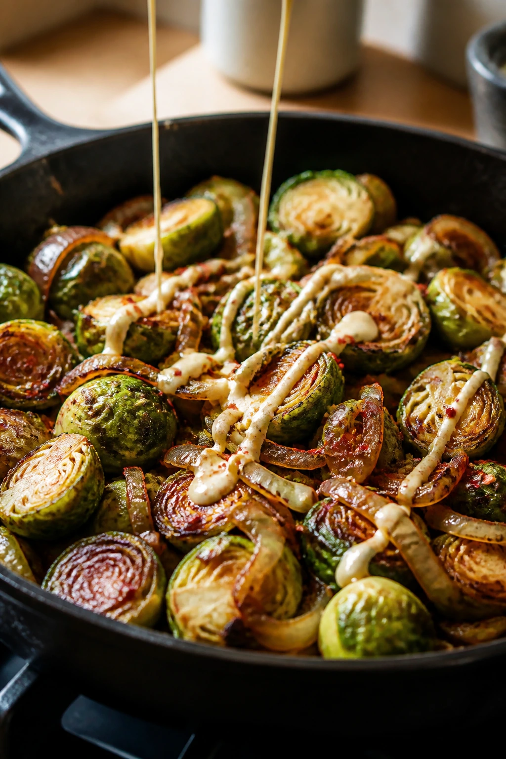 Close-up of caramelized vegetables with tahini drizzle in a skillet