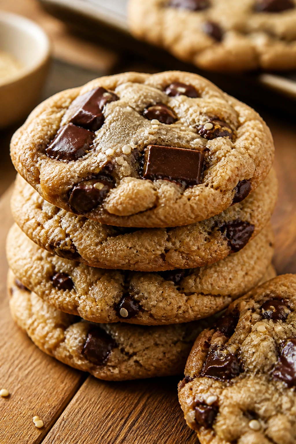Close-up of Tahini Chocolate Chunk Cookies with sesame flecks and chocolate chunks