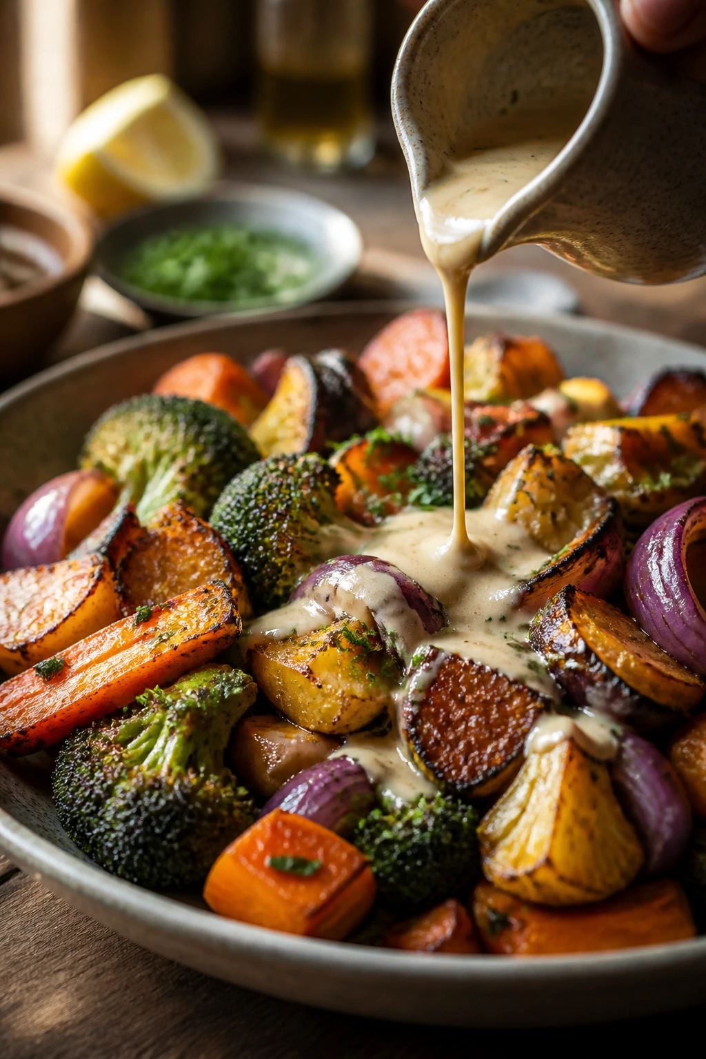 Tahini lemon drizzle over caramelized vegetables, close-up, warm kitchen
