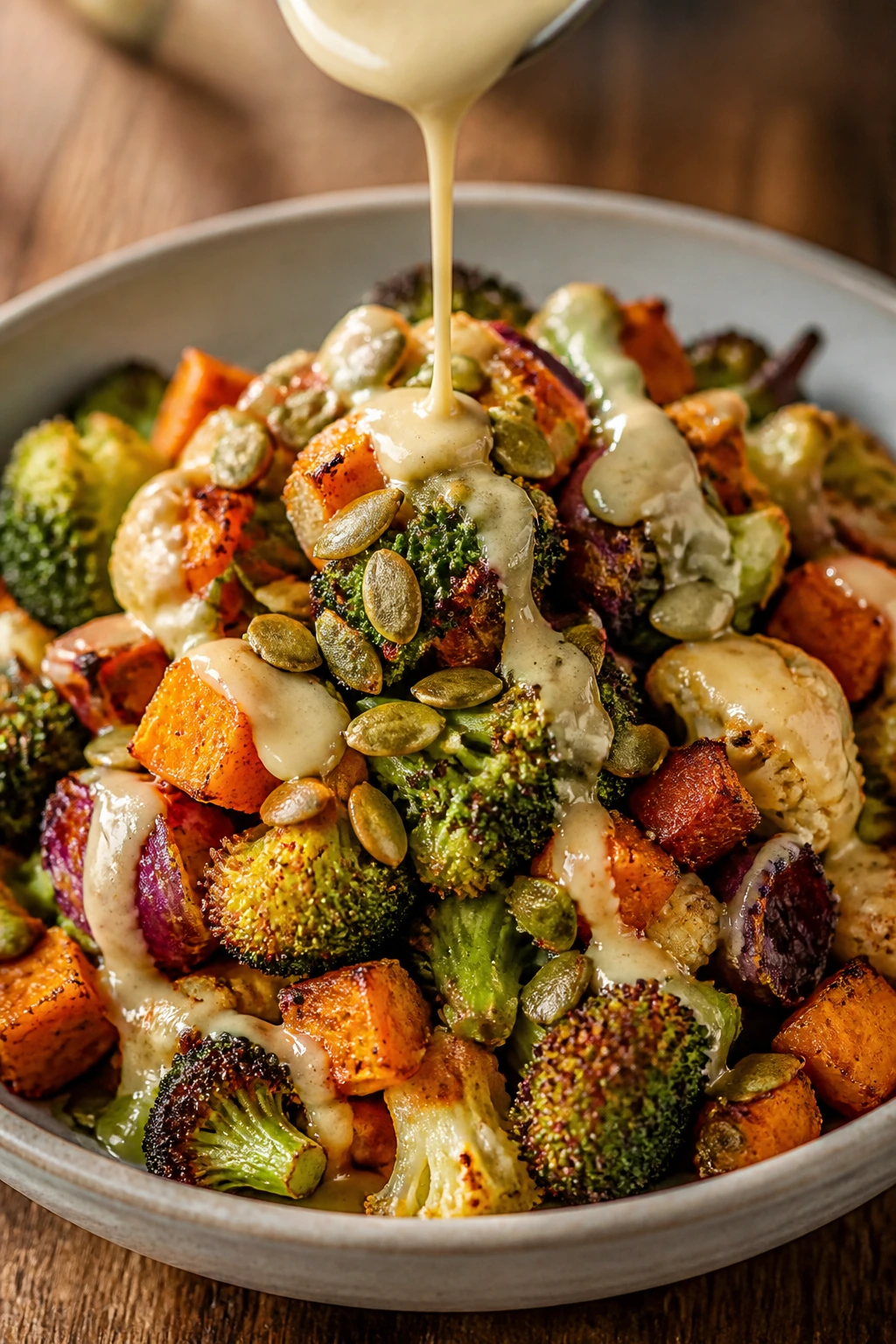 Tahini drizzle over crispy vegetables with seeds