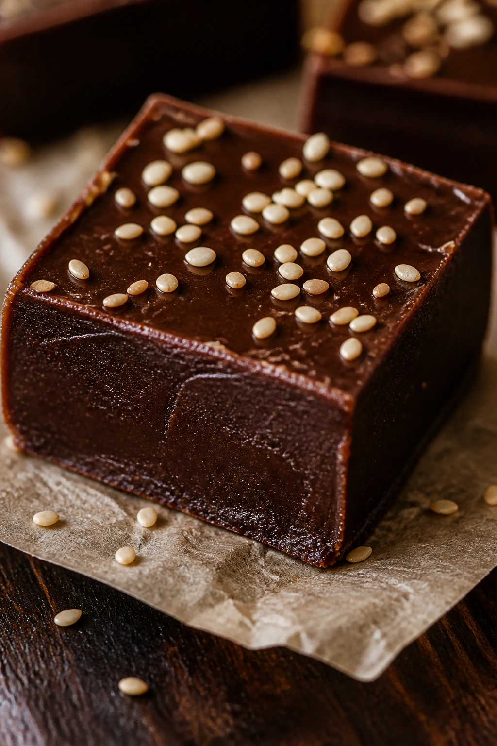 Glossy tahini dark chocolate fudge square on parchment
