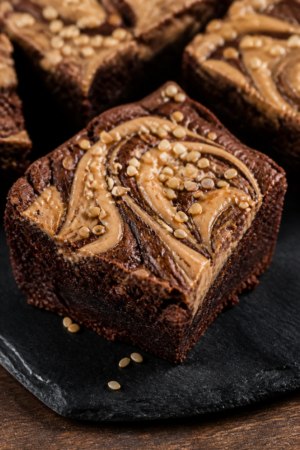 Close-up of tahini halva swirl brownie with sesame seeds