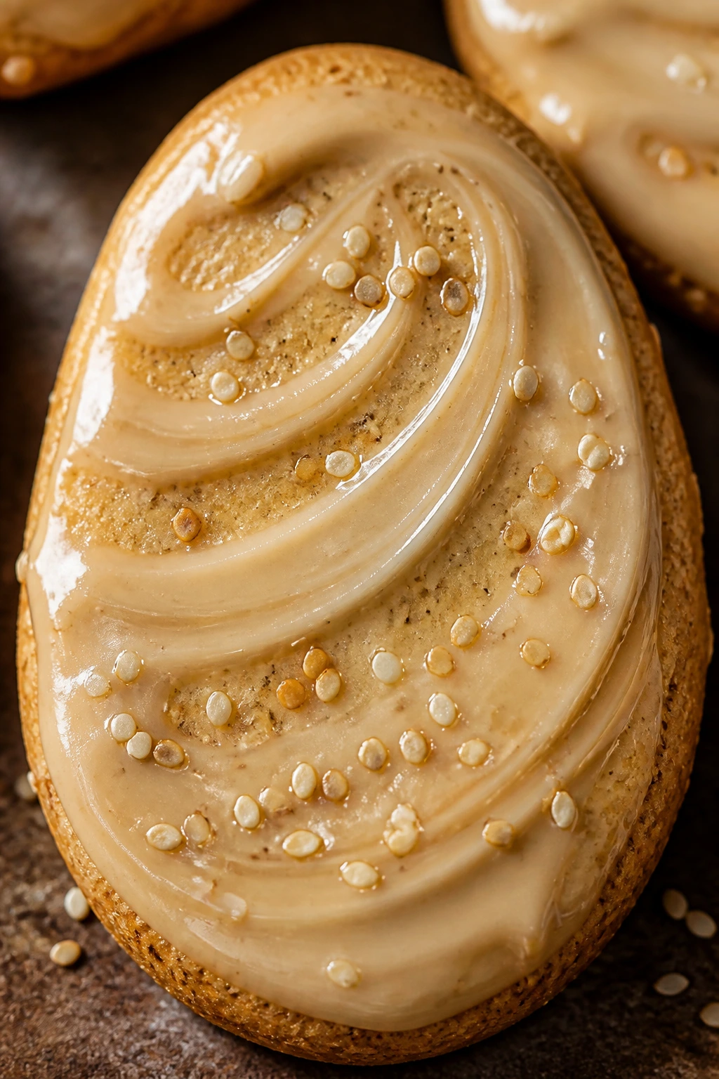 Close-up of tahini-honey Easter egg cookie with sesame specks on a wooden counter