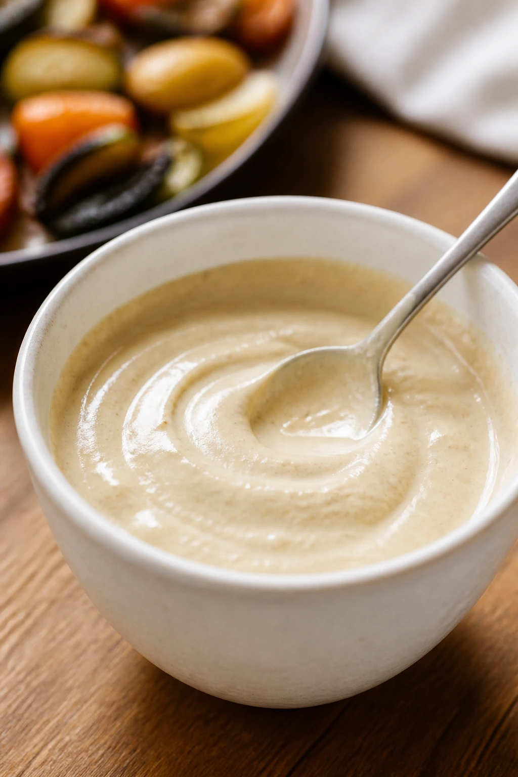 Close-up of tahini-lemon sauce in a ceramic bowl on wood with soft background