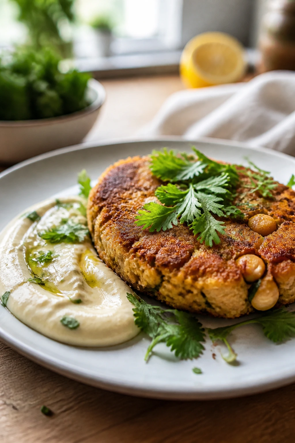 Crisp chickpea patty with thick tahini sauce on the side and herbs