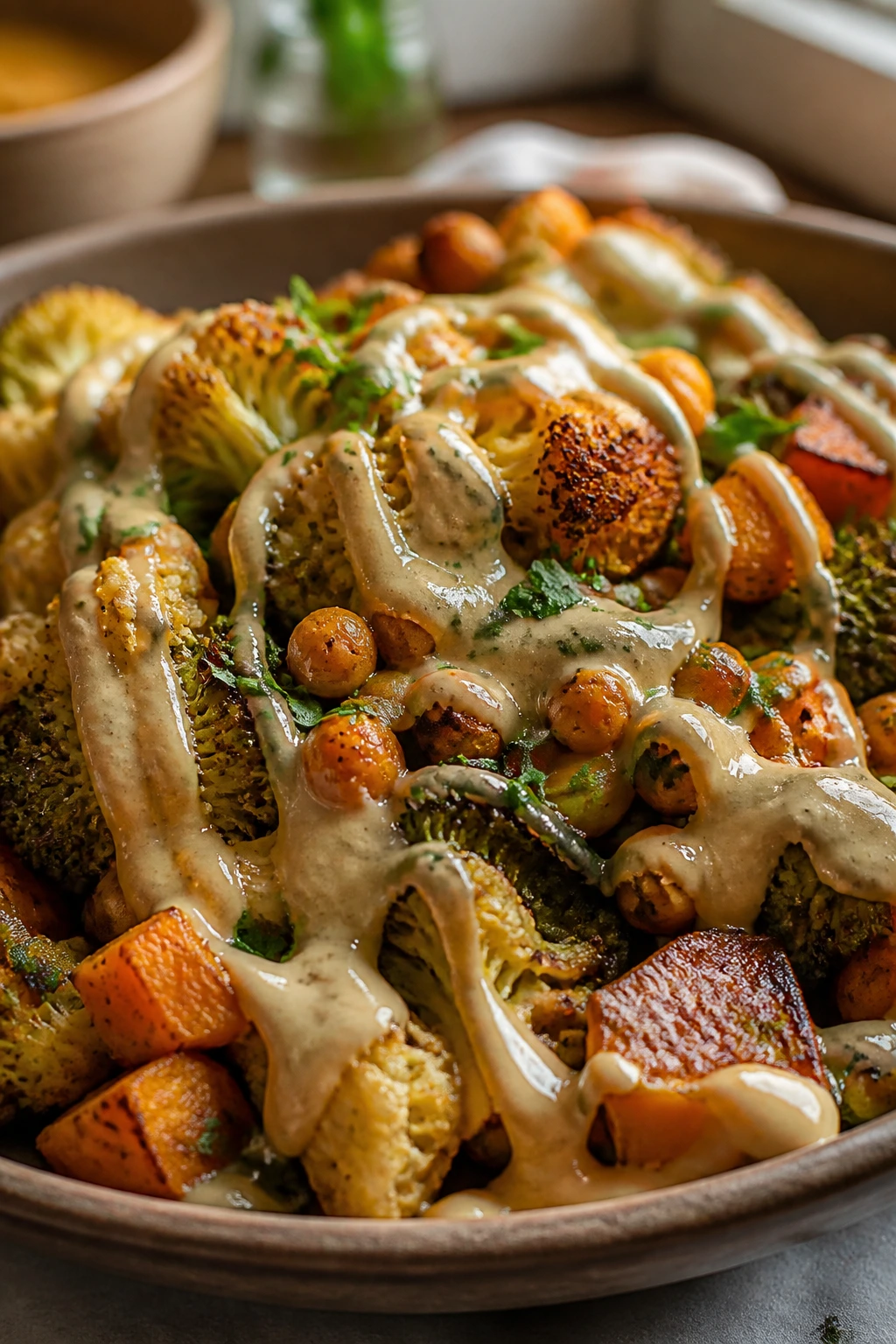 Creamy tahini sauce drizzled over roasted vegetables on a plate