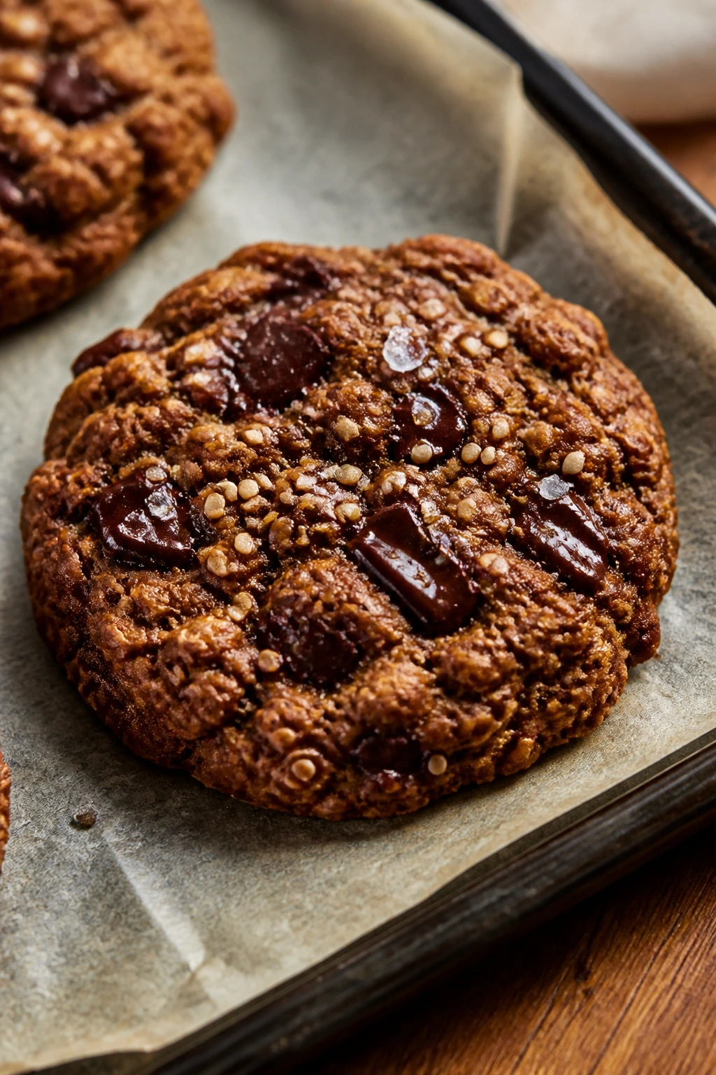Close-up of tahini sea salt chocolate oatmeal cookie with sesame seeds on parchment