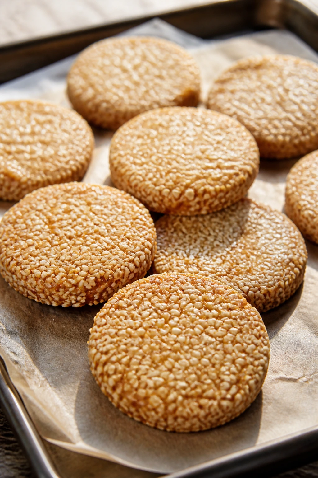 Tahini sesame coin cookies on parchment-lined sheet.