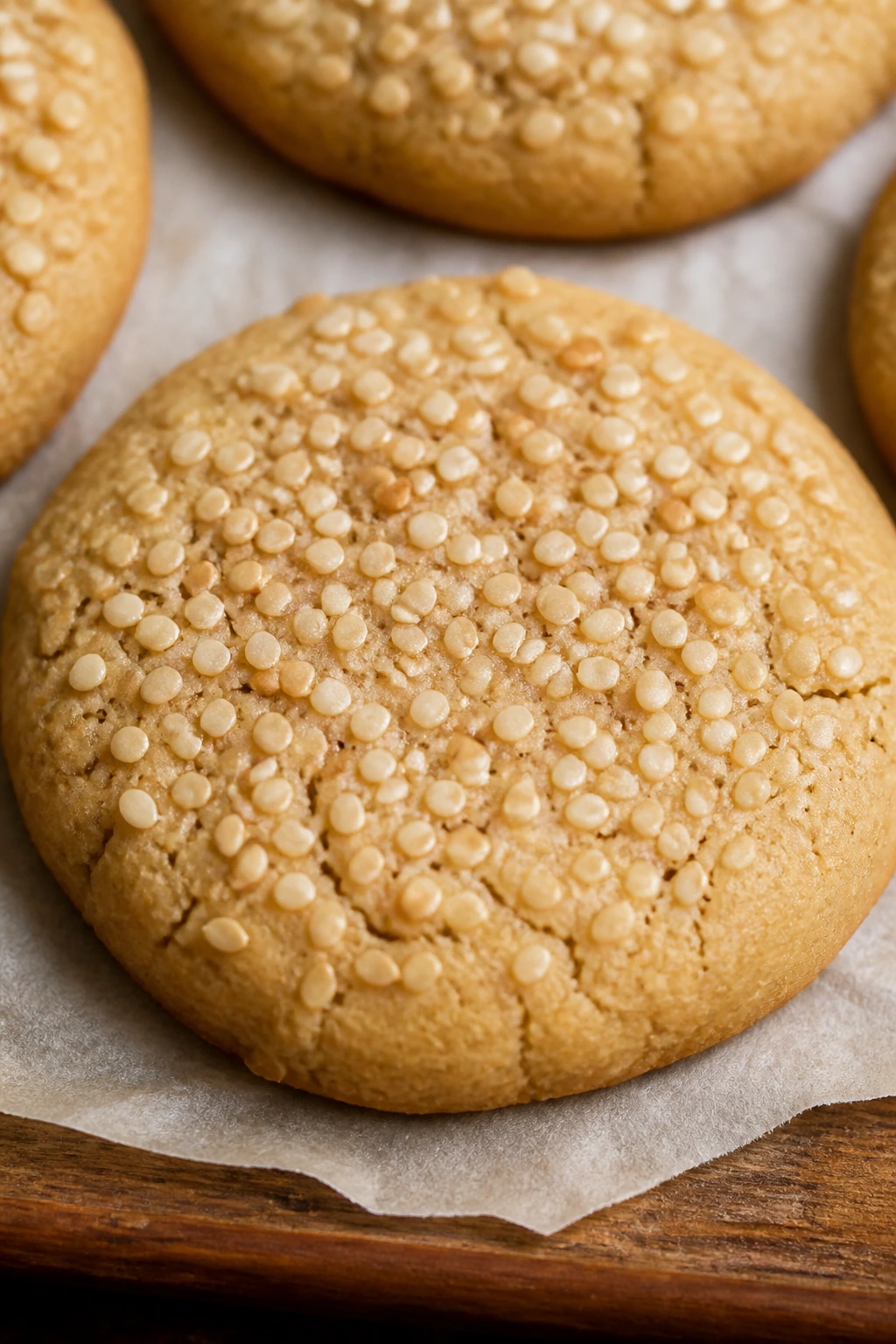Close-up of a tahini sesame sugar cookie with sesame seeds