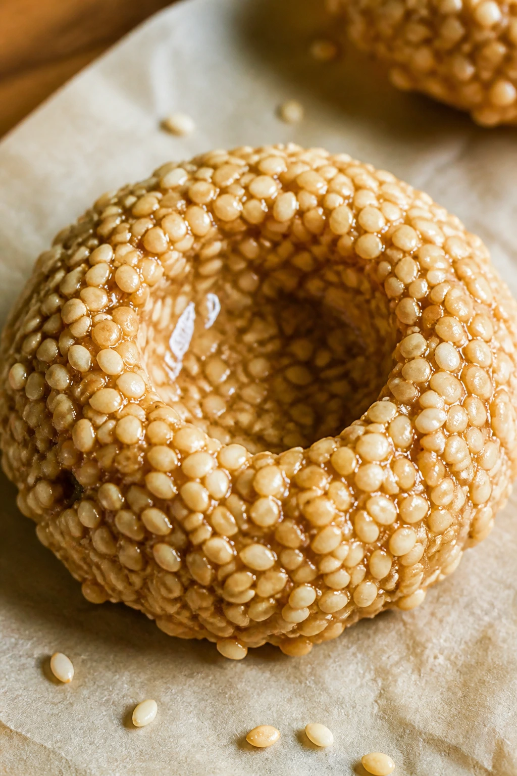 Close-up of a tahini sesame nest cookie dotted with sesame seeds