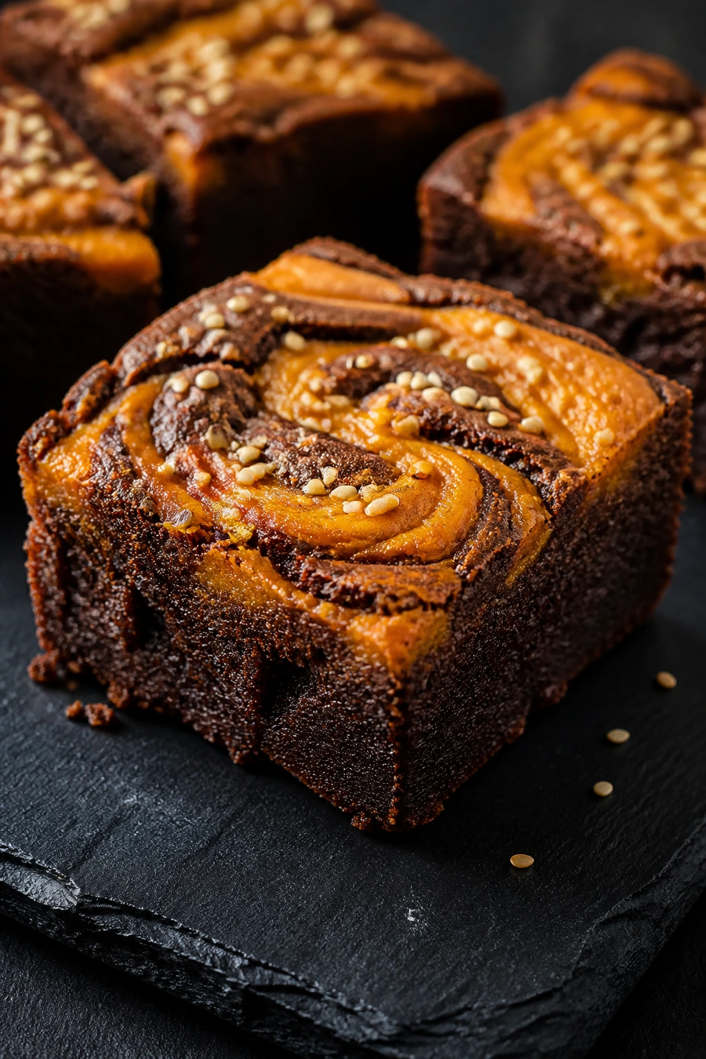 Close-up of tahini sesame pumpkin swirl brownie with sesame seeds