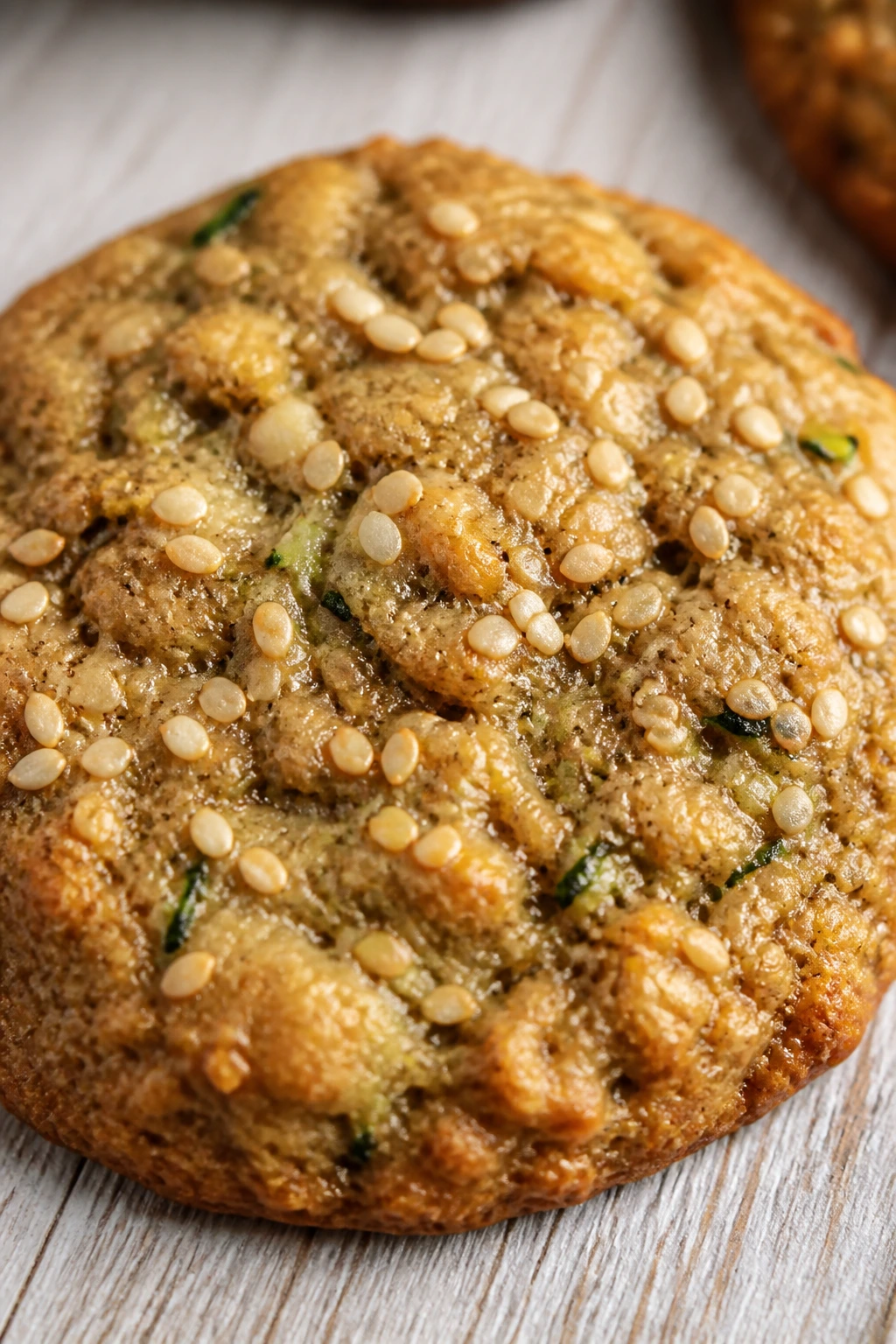 Close-up Tahini Sesame Zucchini Oatmeal Cookie with sesame topping