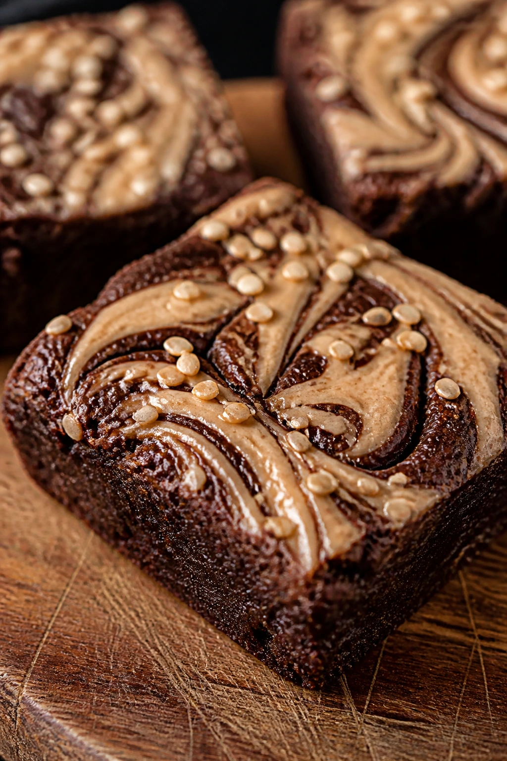 Close-up of a fudgy tahini swirl brownie on a wooden board with sesame seeds