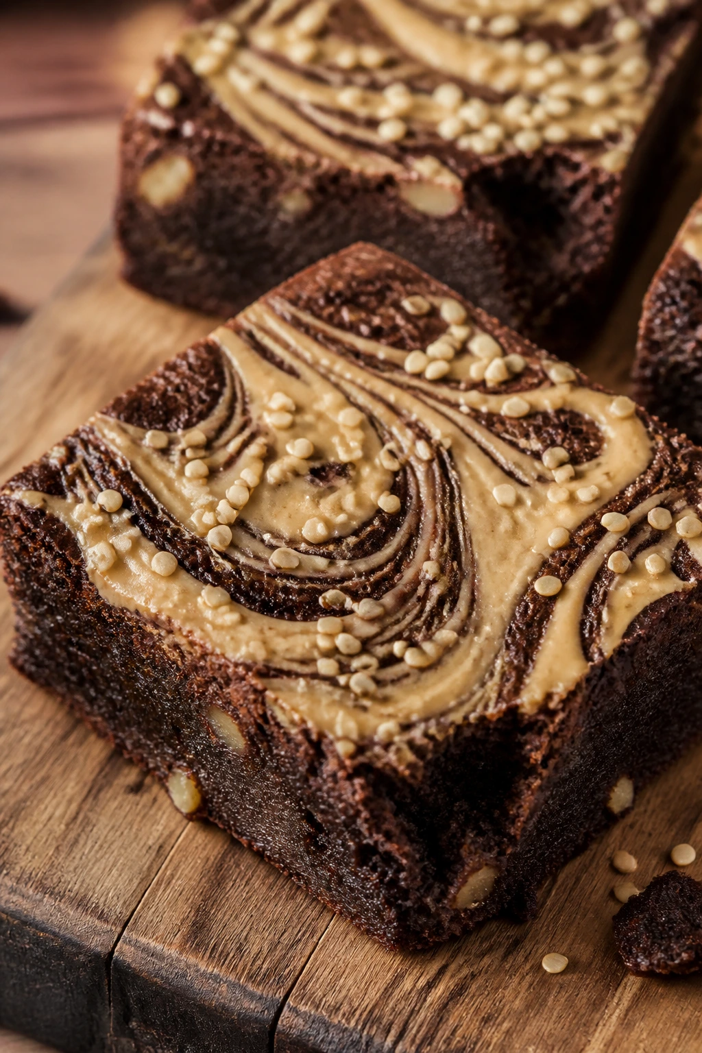 Close-up of tahini swirl brownie with sesame seeds on a wooden board
