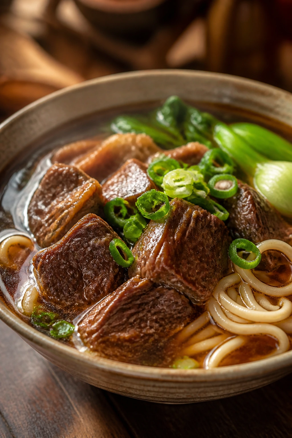Steaming bowl of Taiwanese beef noodle soup with beef and noodles