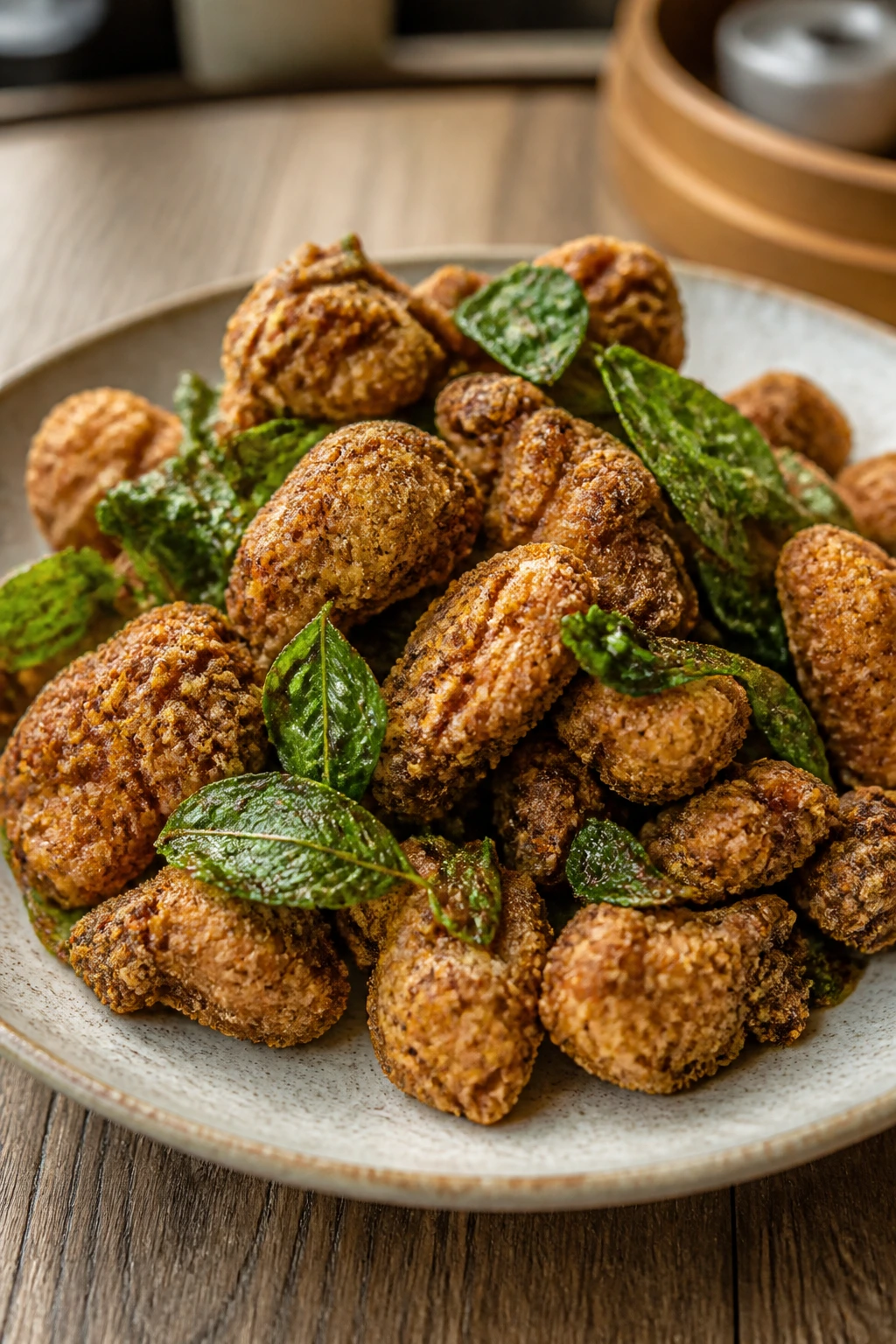 Crispy Taiwanese popcorn chicken with five-spice and basil on plate
