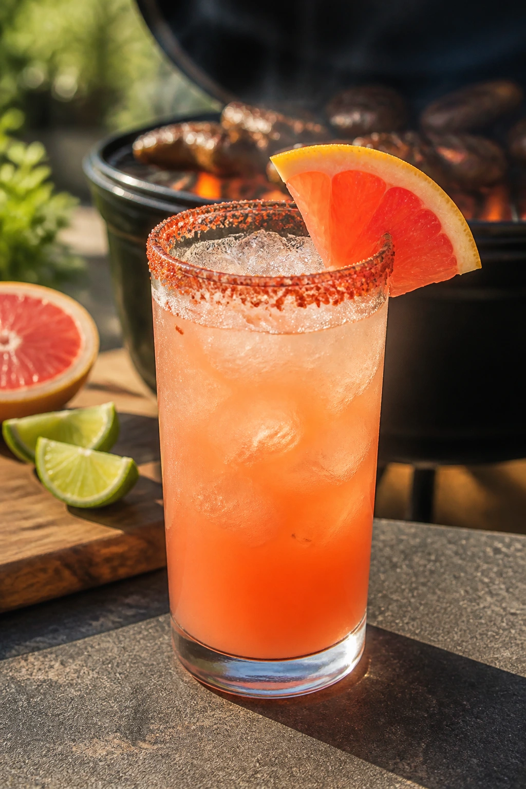 Close-up of Tajín-rimmed Paloma glass on a sunny patio