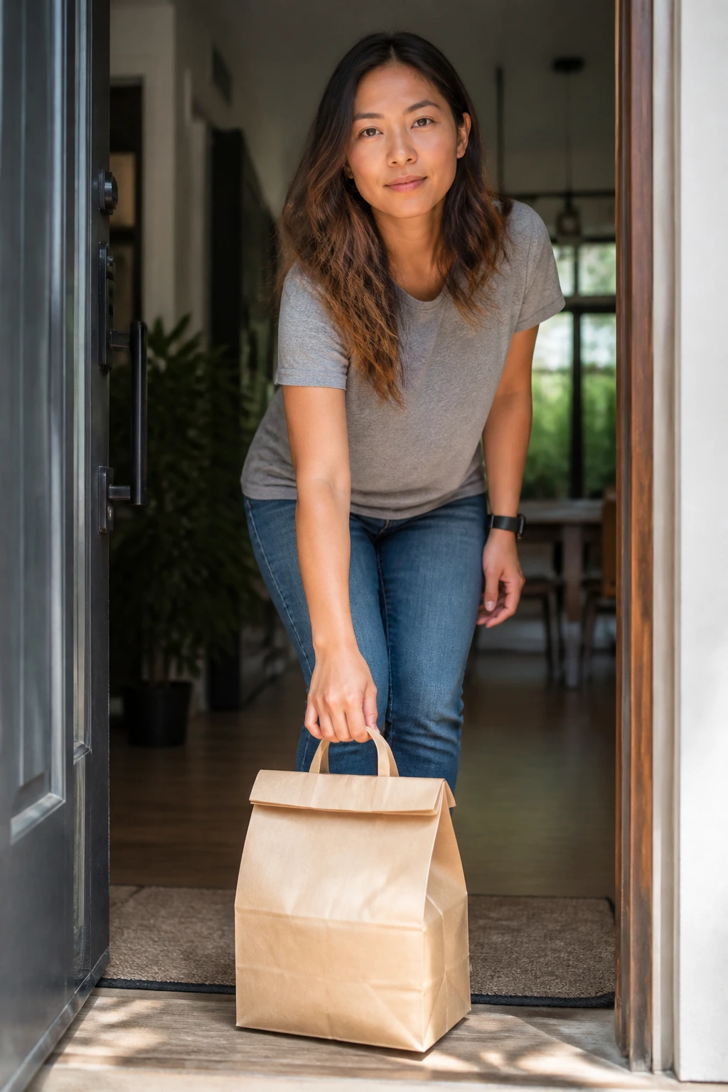 Real person at a doorway with a takeout bag, doorway background