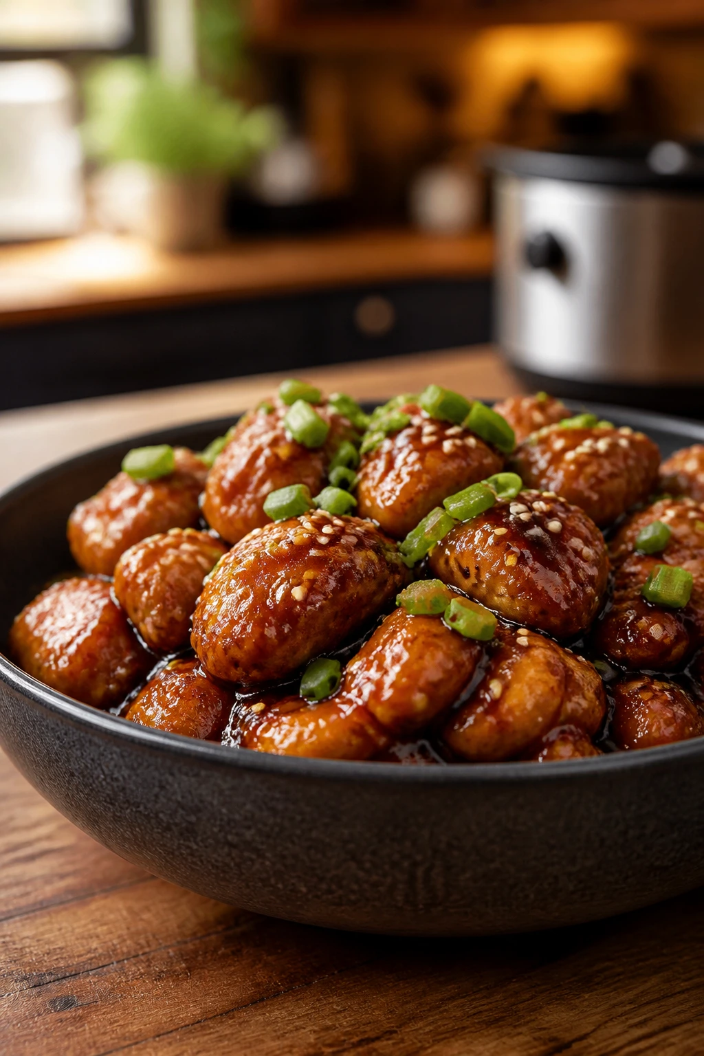 Glossy sticky crockpot chicken bowl with sesame seeds on a wooden table.