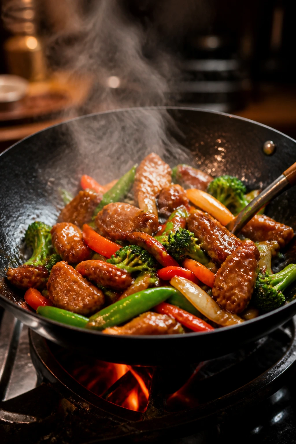 Sizzling wok with glossy sauce and vegetables
