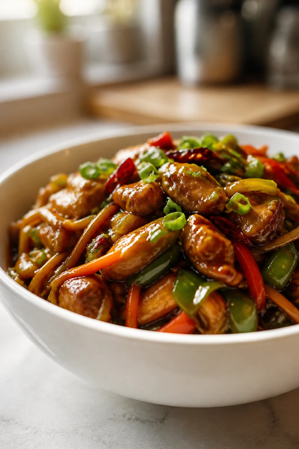 Glossy stir-fry dish in a white bowl with vibrant vegetables and sauce