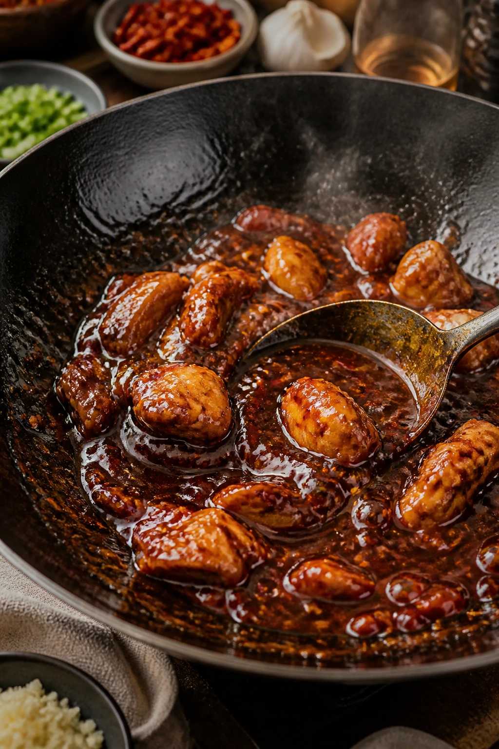 Saucy takeout-style stir-fry sauce in a wok with chicken pieces