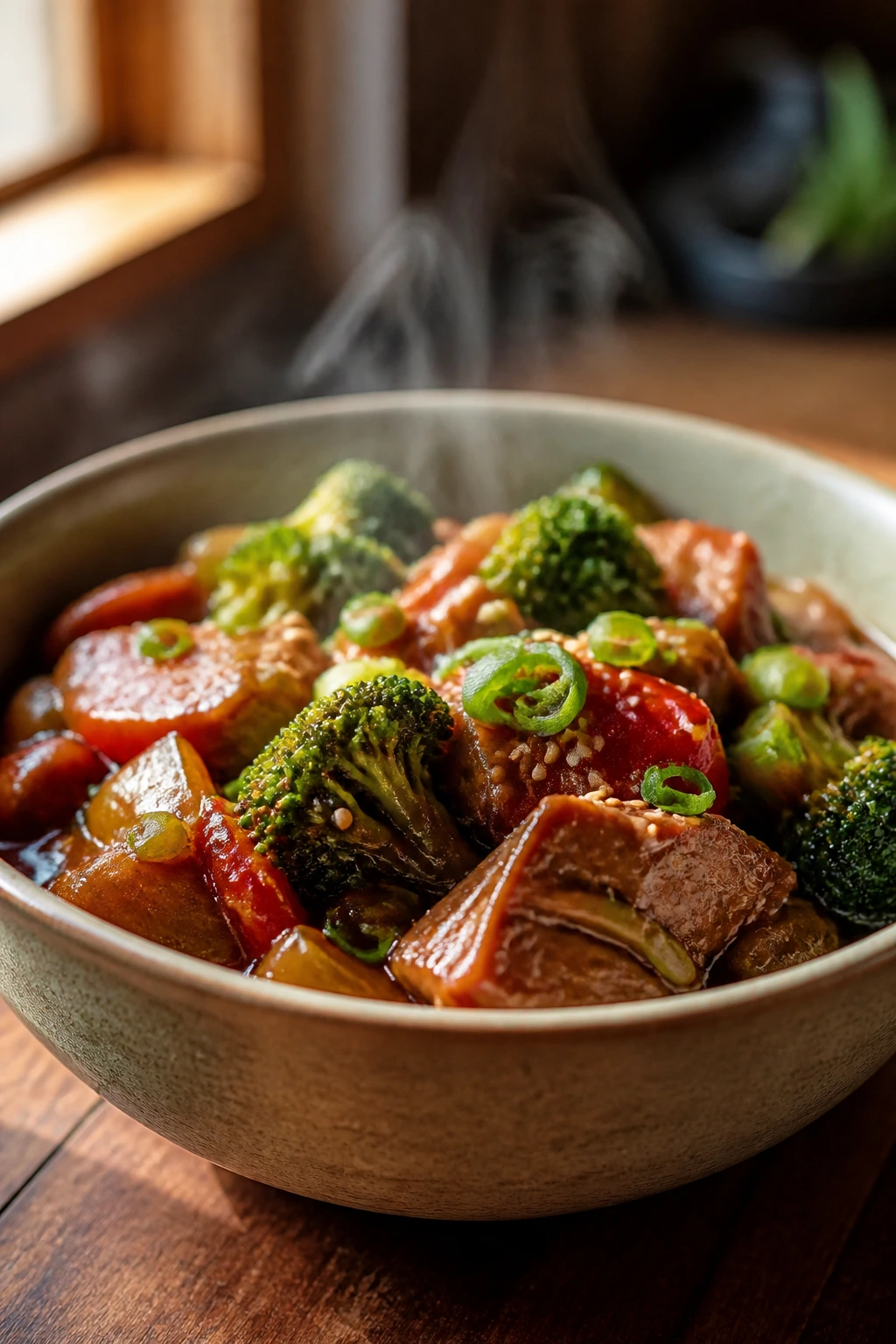 Steaming crockpot dish in a ceramic bowl for a better takeout night