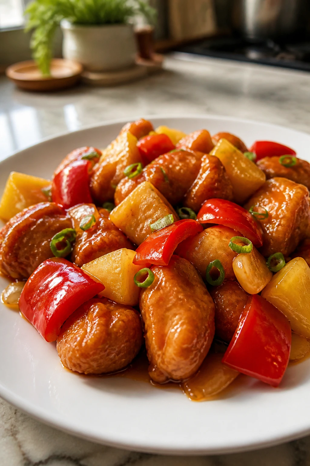 Plate of glossy Japanese Sweet and Sour Chicken Dinner with peppers and pineapple.