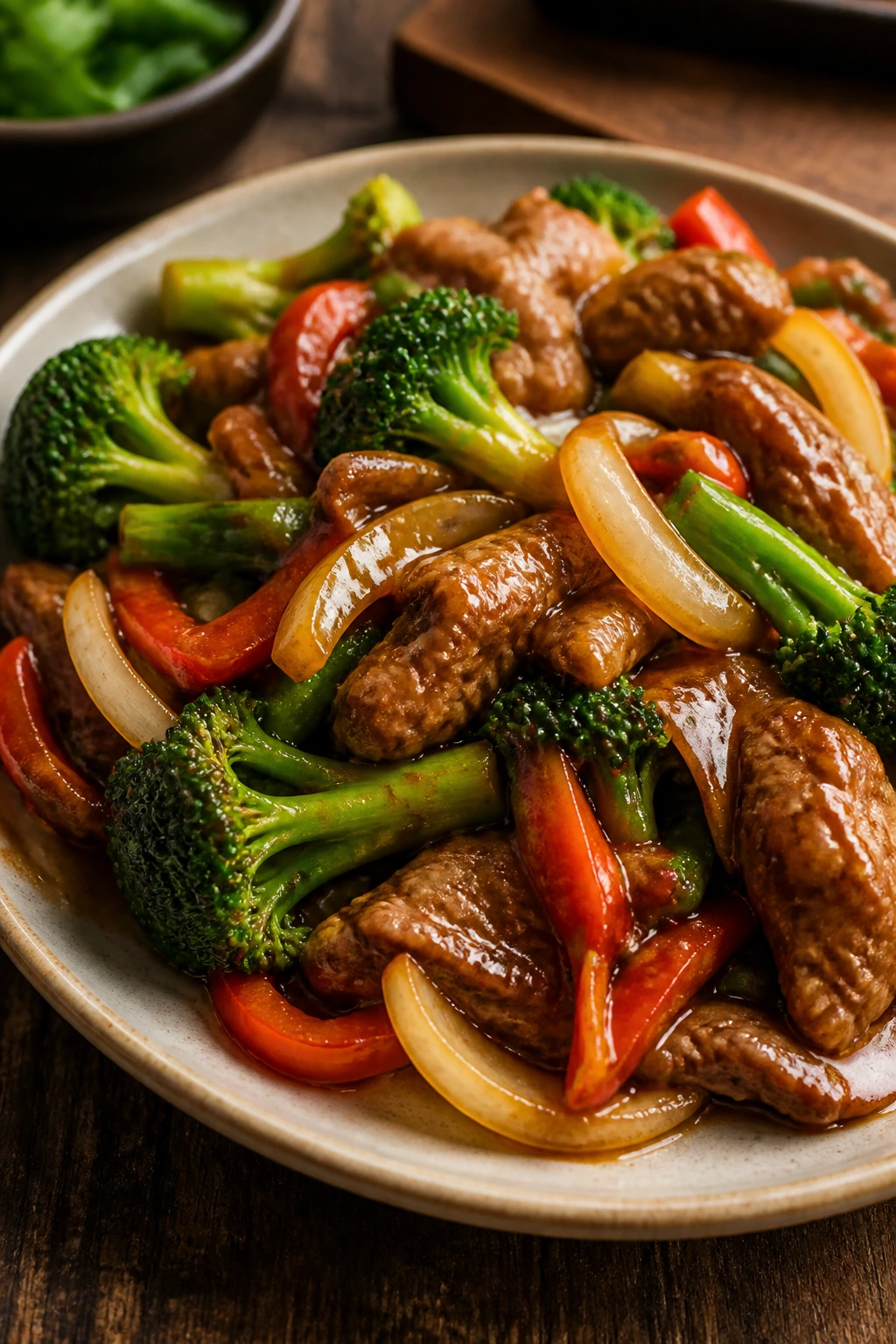 Close-up of a vibrant Chinese dish plated in a warm kitchen