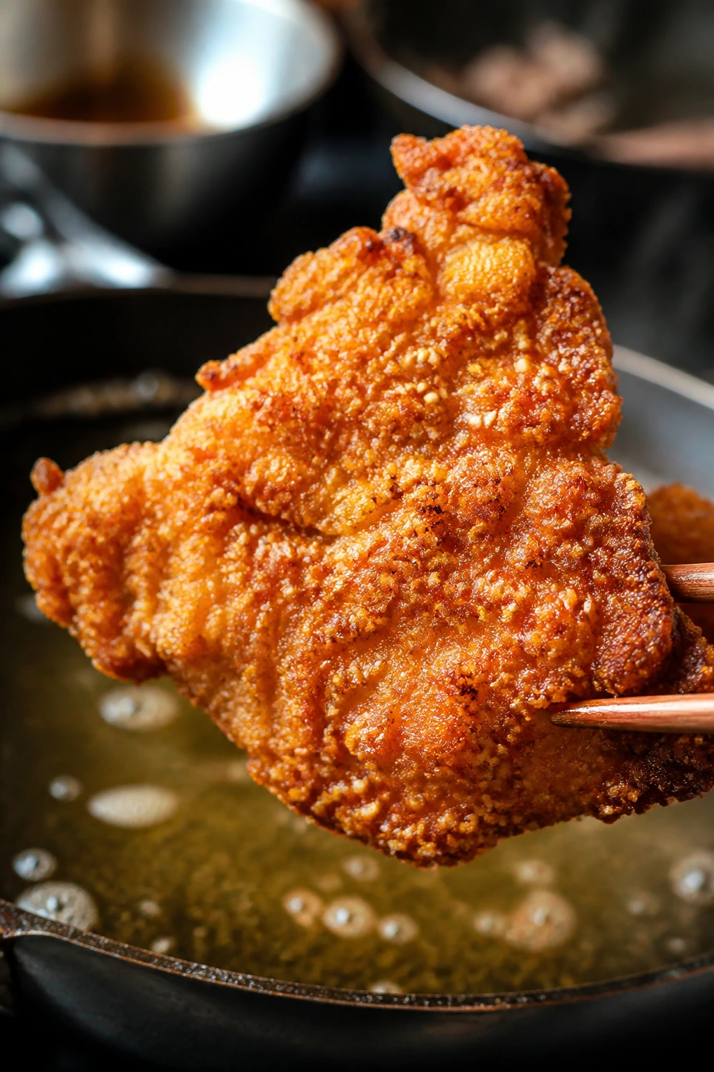 Crispy chicken with textured crust and sesame seeds