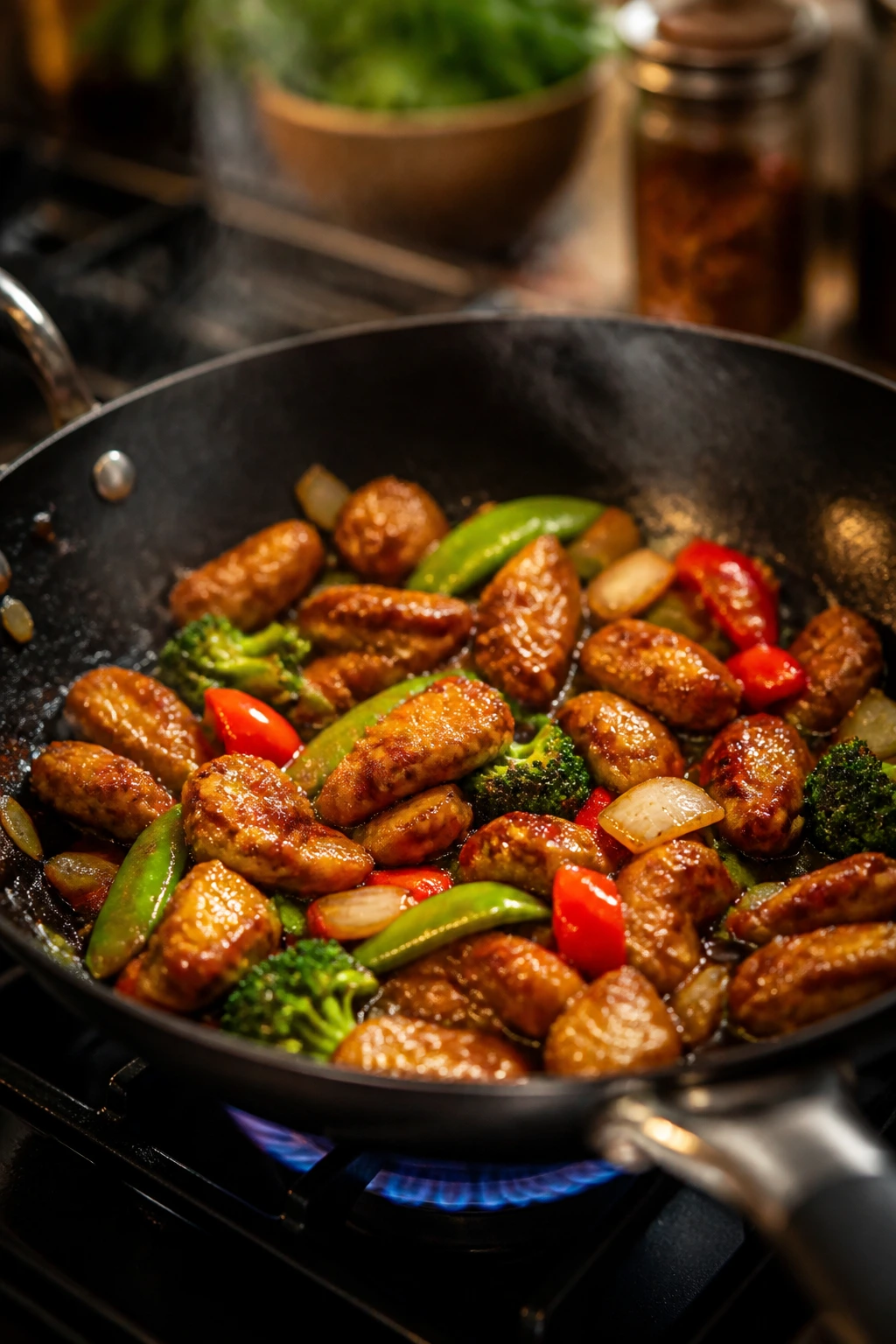 Close-up of a sizzling stir-fry in a pan with crispy chicken and glossy sauce for a takeout-like vibe at home.
