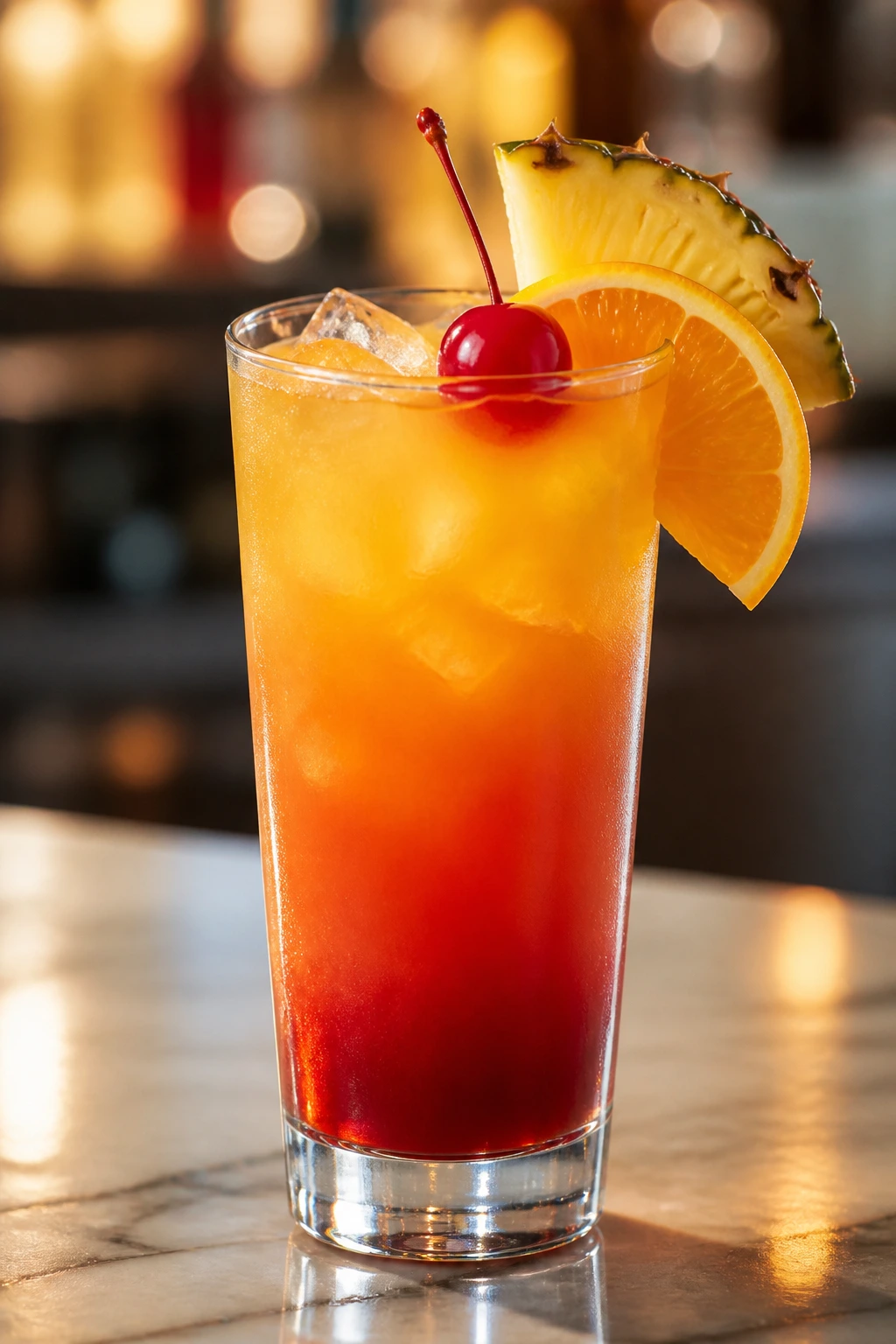 Tall glass Malibu Sunset with pineapple, orange, and cherry garnish on bar counter