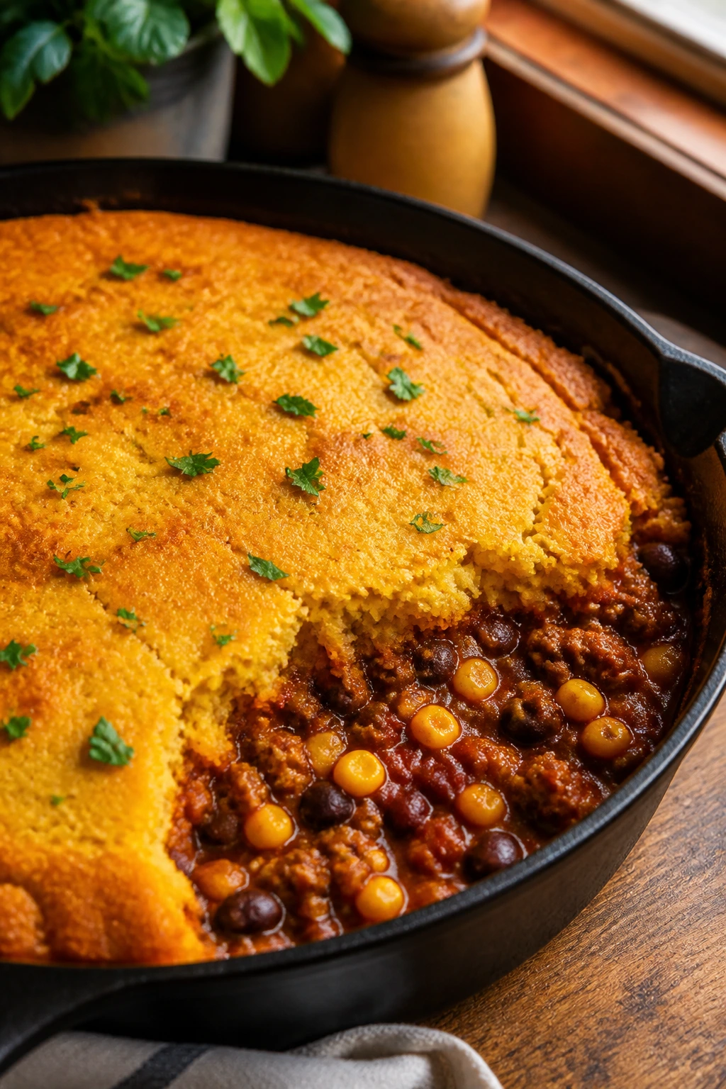 Close-up of tamale pie with cornbread topping in a cast-iron skillet