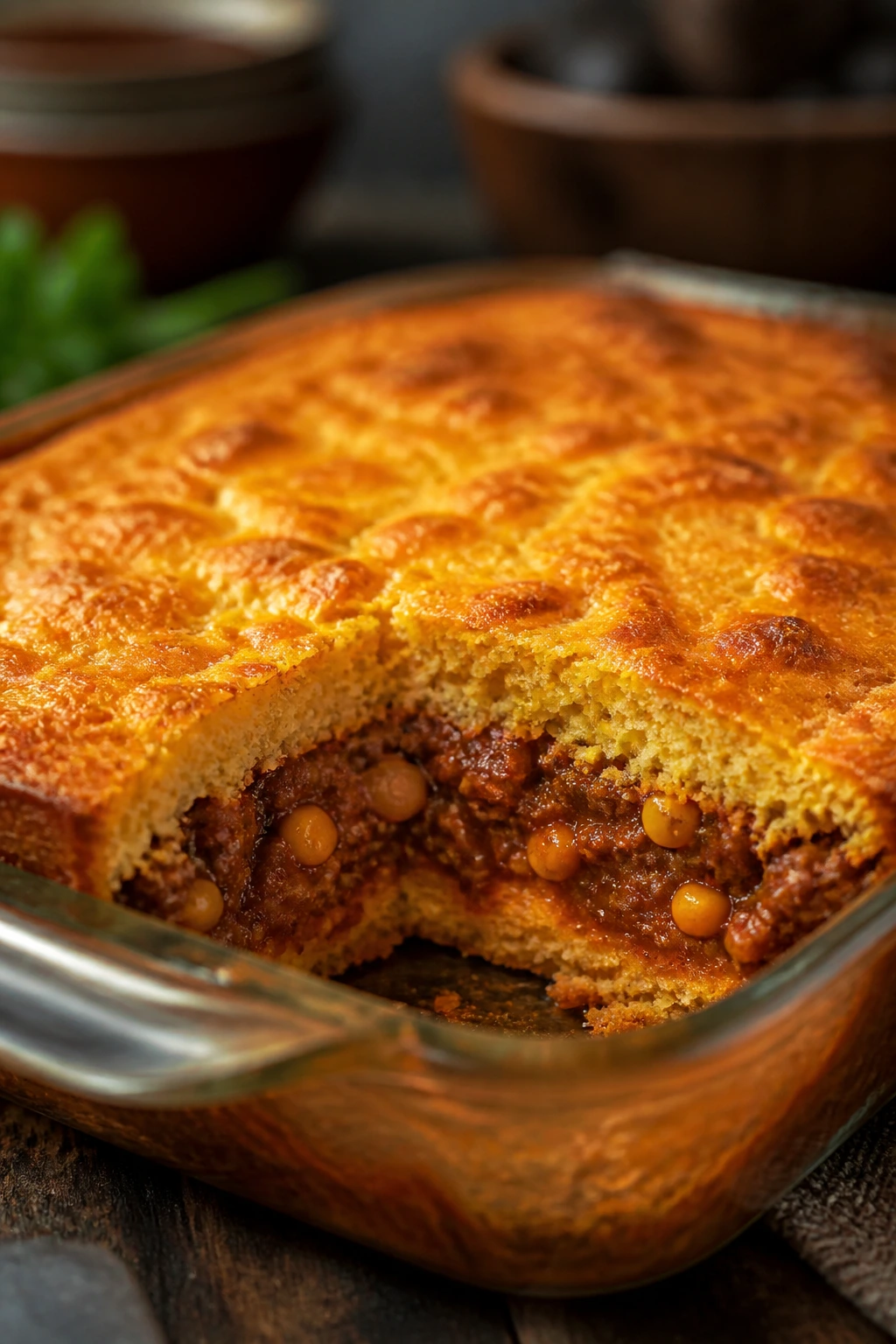 Tamale Pie with golden cornbread topping in a baking dish