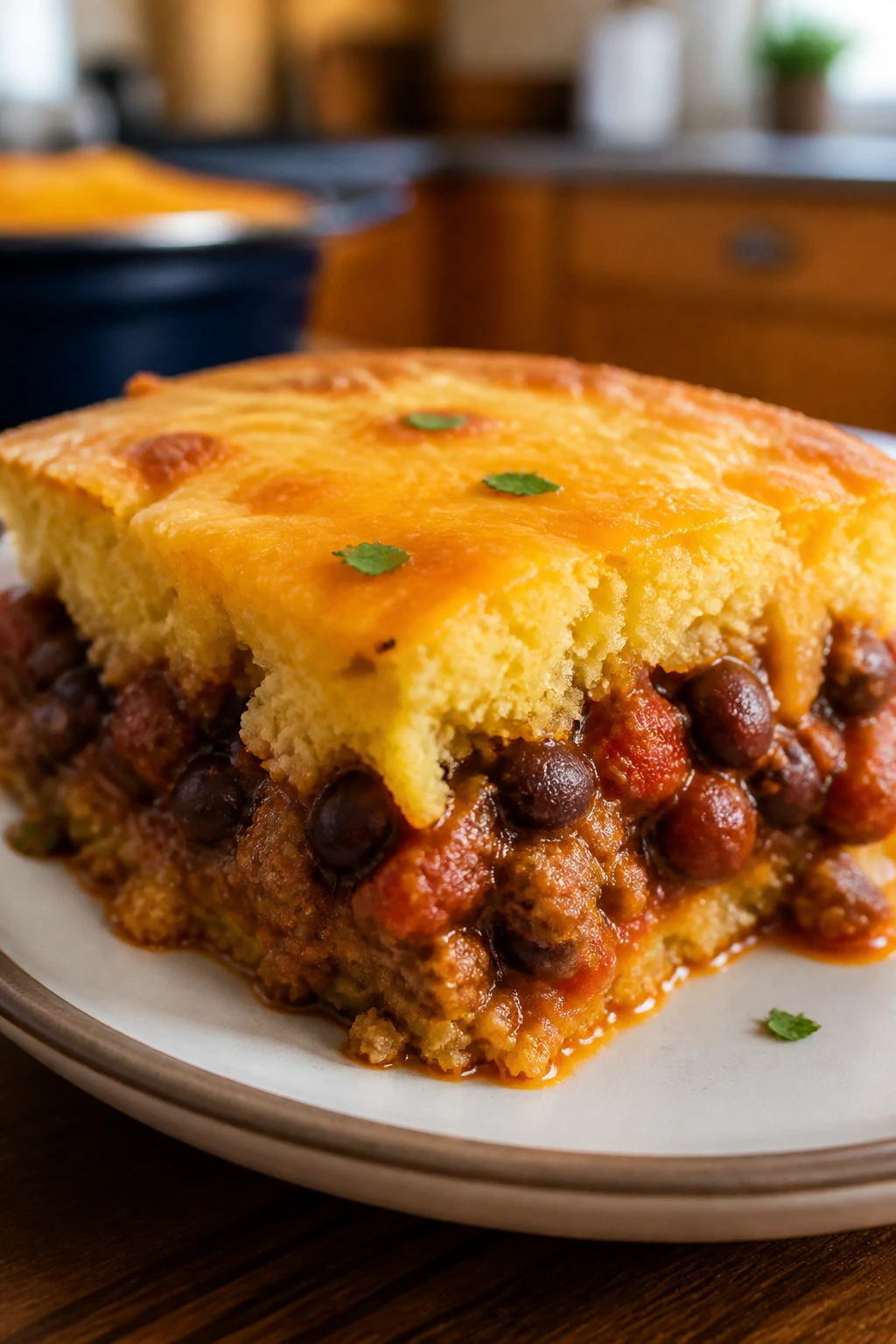 Slice of tamale pie on plate with cornbread crust and cheese