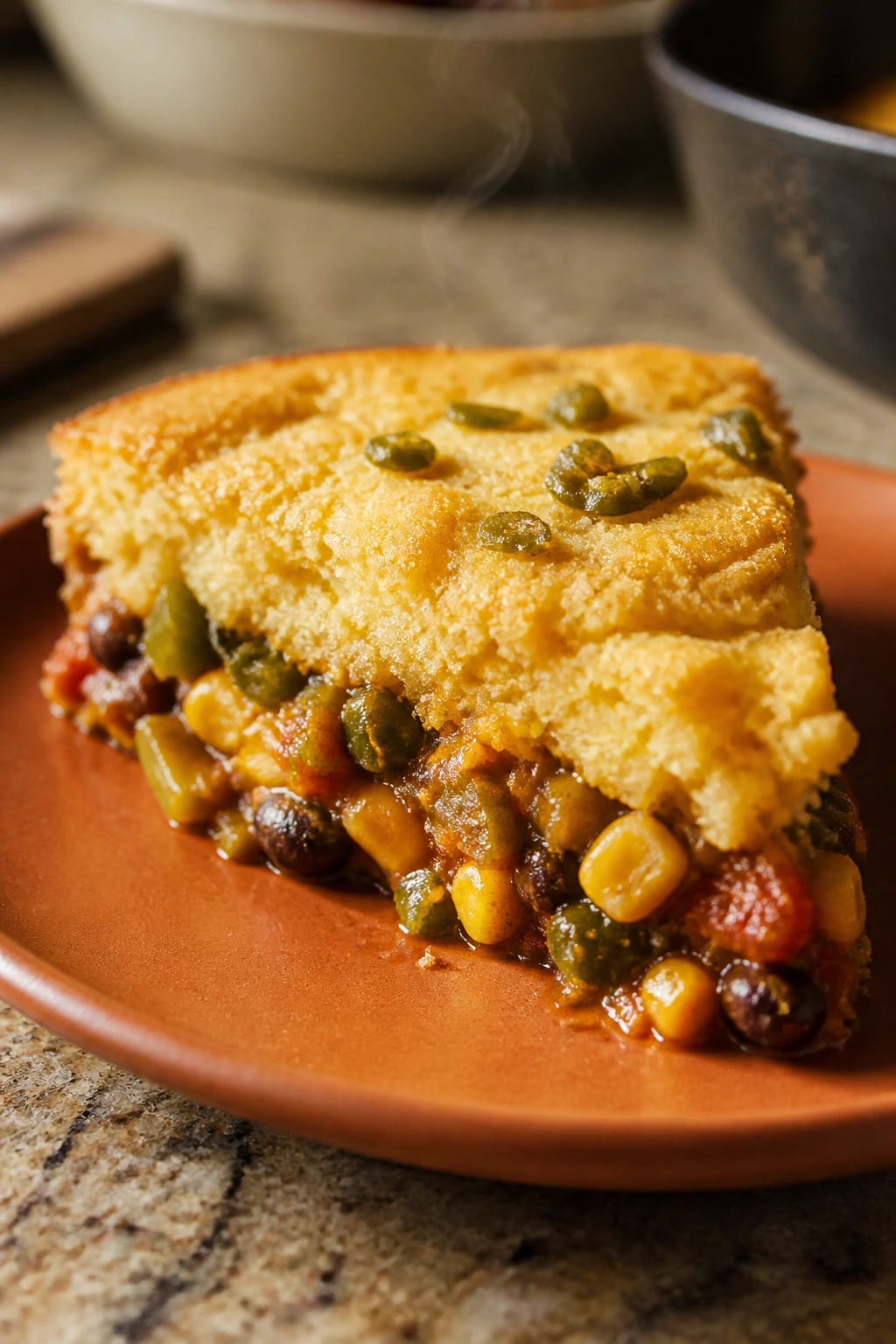 Close-up wedge of green chile vegetable tamale pie on a plate