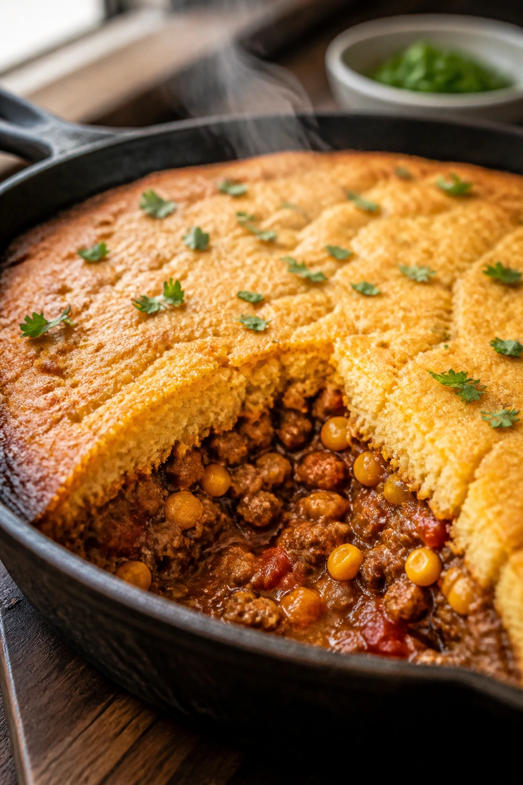 Close-up of tamale pie in a skillet with cornbread crust