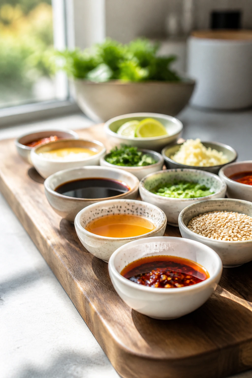 Row of bowls with different sauces on a wooden board in a bright kitchen