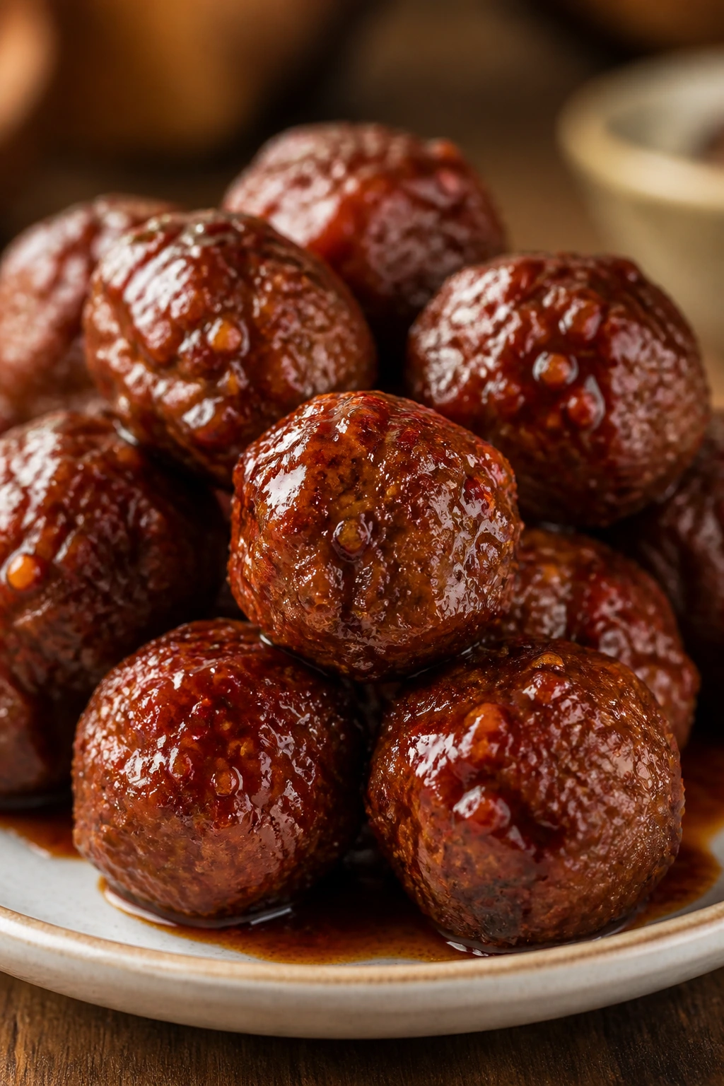 Tamarind chili glazed meatballs on a plate.