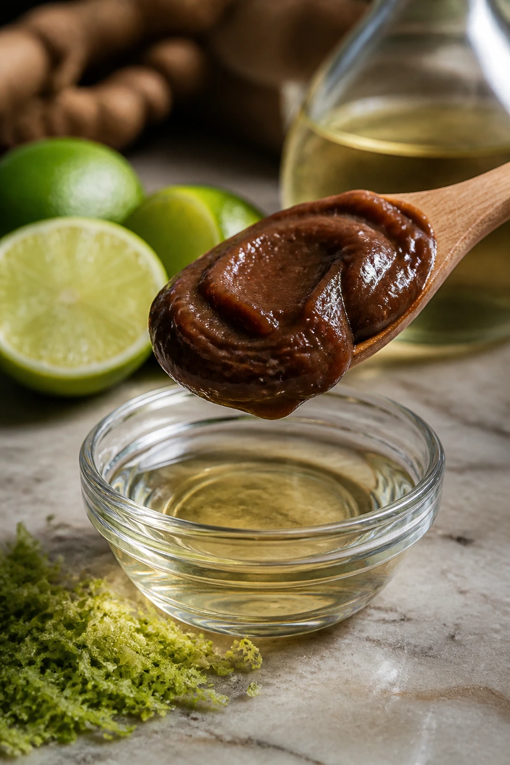 Tamarind paste with lime and vinegar in a bright kitchen